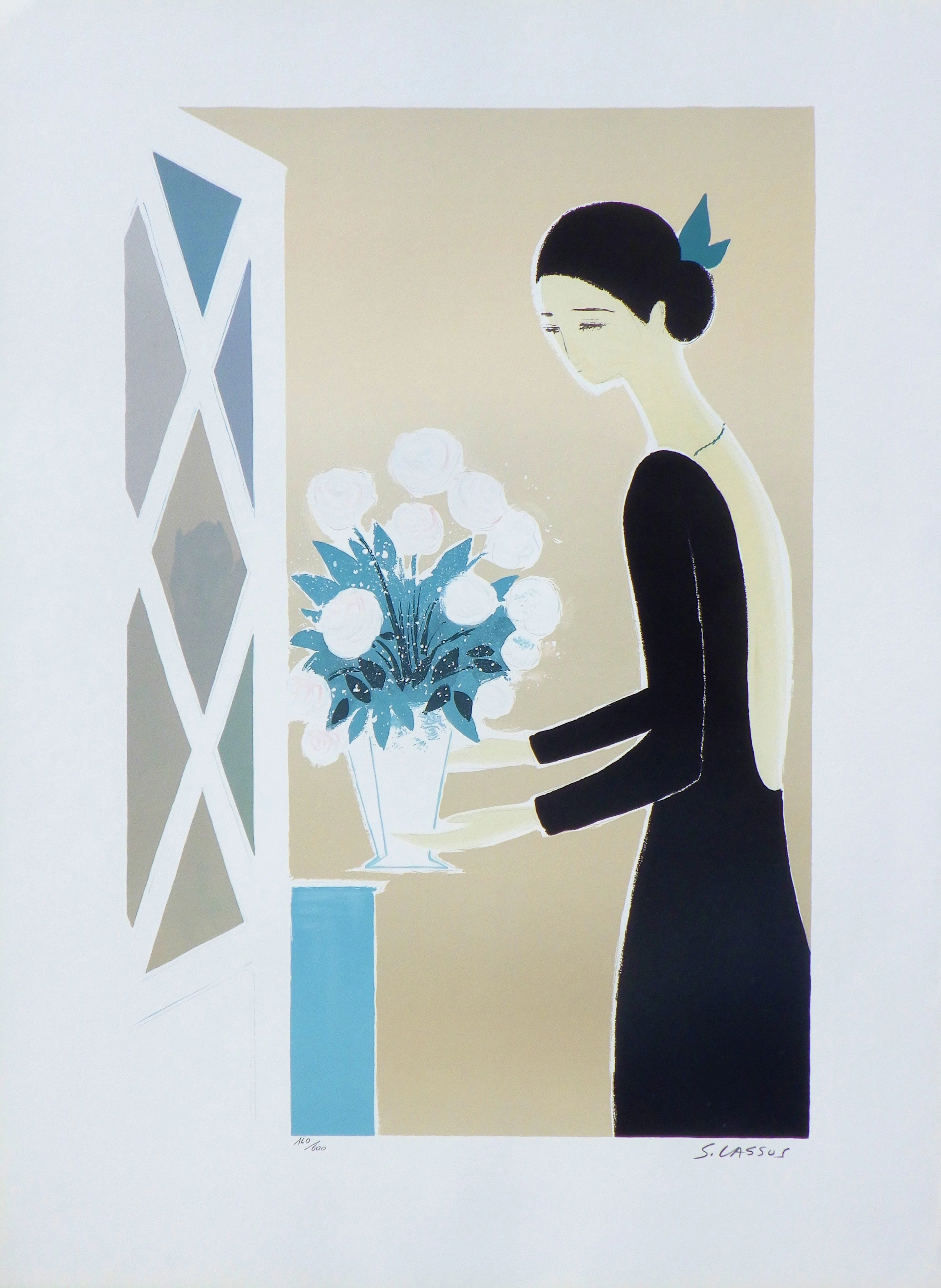 Serge LASSUS : Le bouquet blanc, Lithographie originale signée