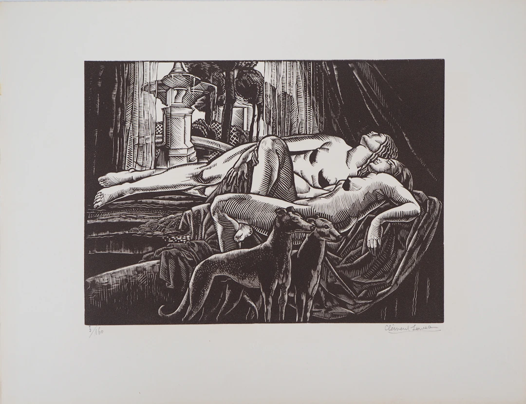 Clement SERVEAU : Le repos, 1929 - Bois gravé original signé