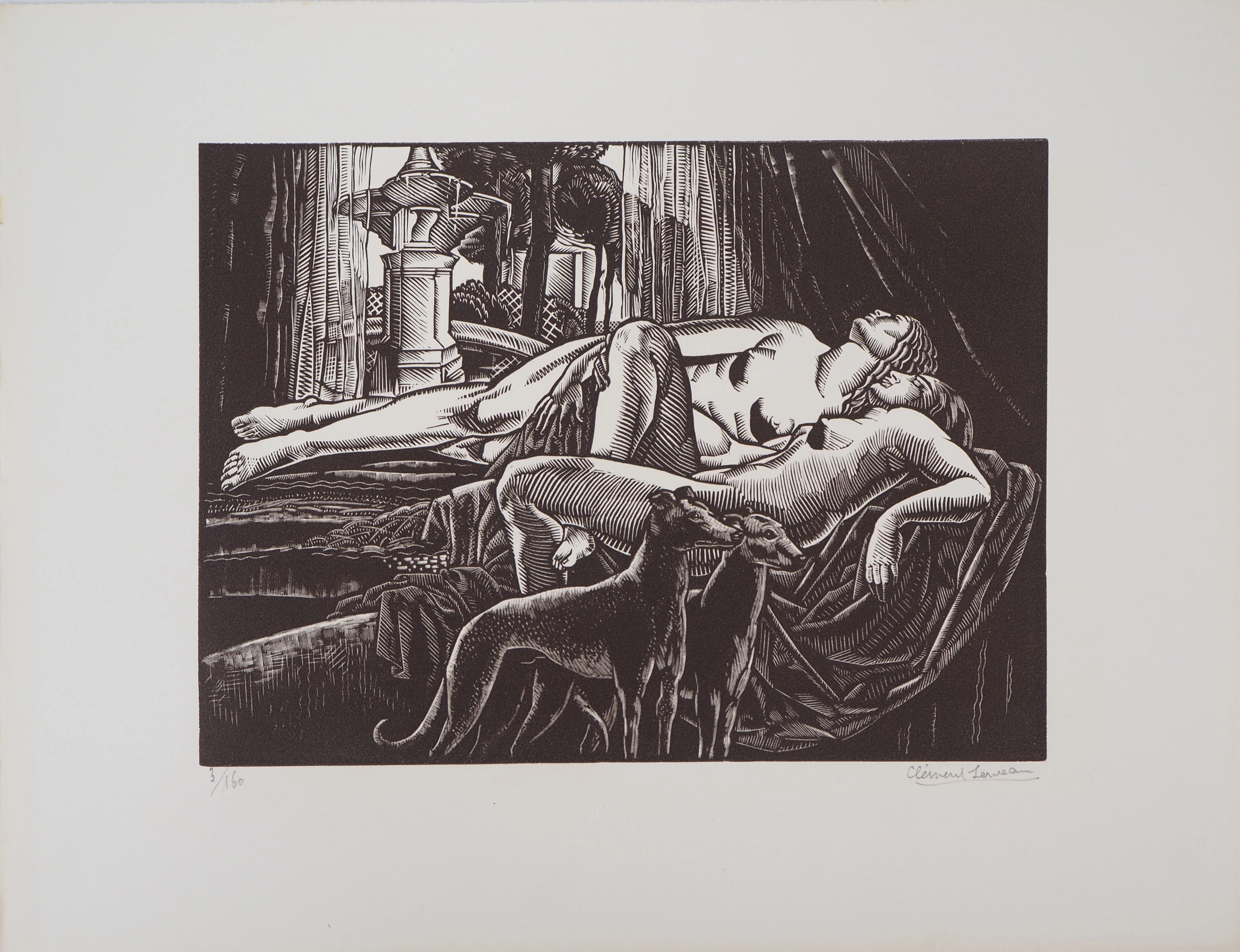 Clement SERVEAU : Le repos, 1929 - Bois gravé original signé