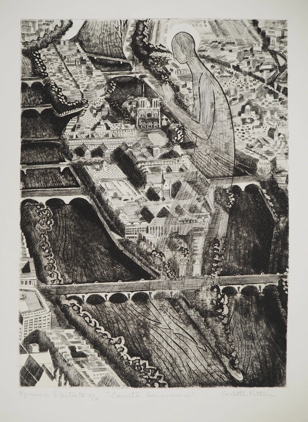 Colette PETTIER, Sainte Geneviève, 1982 - Gravure sur cuivre originale Signée