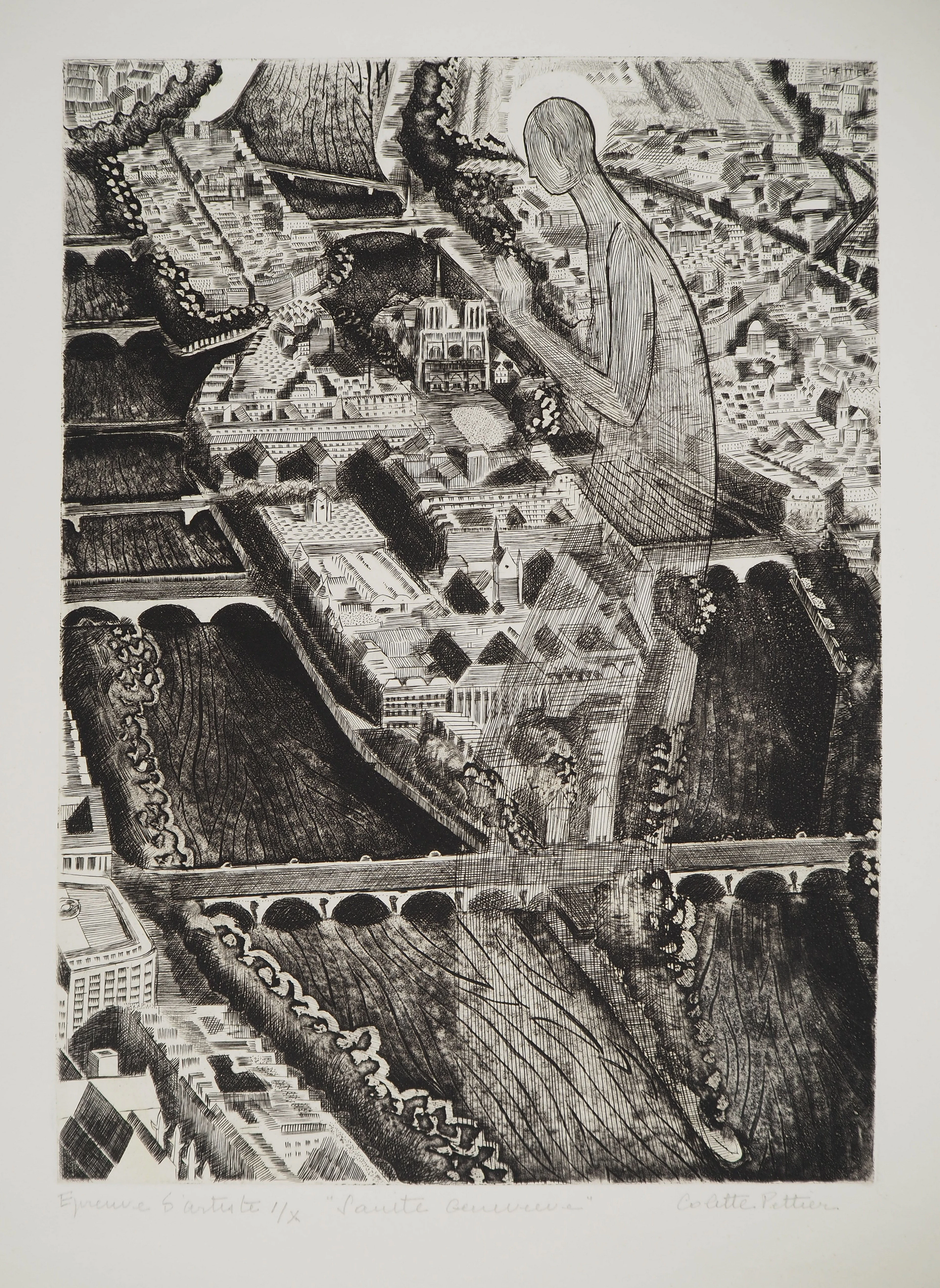 Colette PETTIER, Sainte Geneviève, 1982 - Gravure sur cuivre originale Signée
