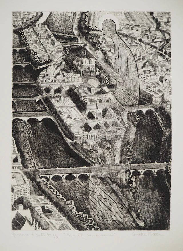 Colette PETTIER, Sainte Geneviève, 1982 - Gravure sur cuivre originale Signée