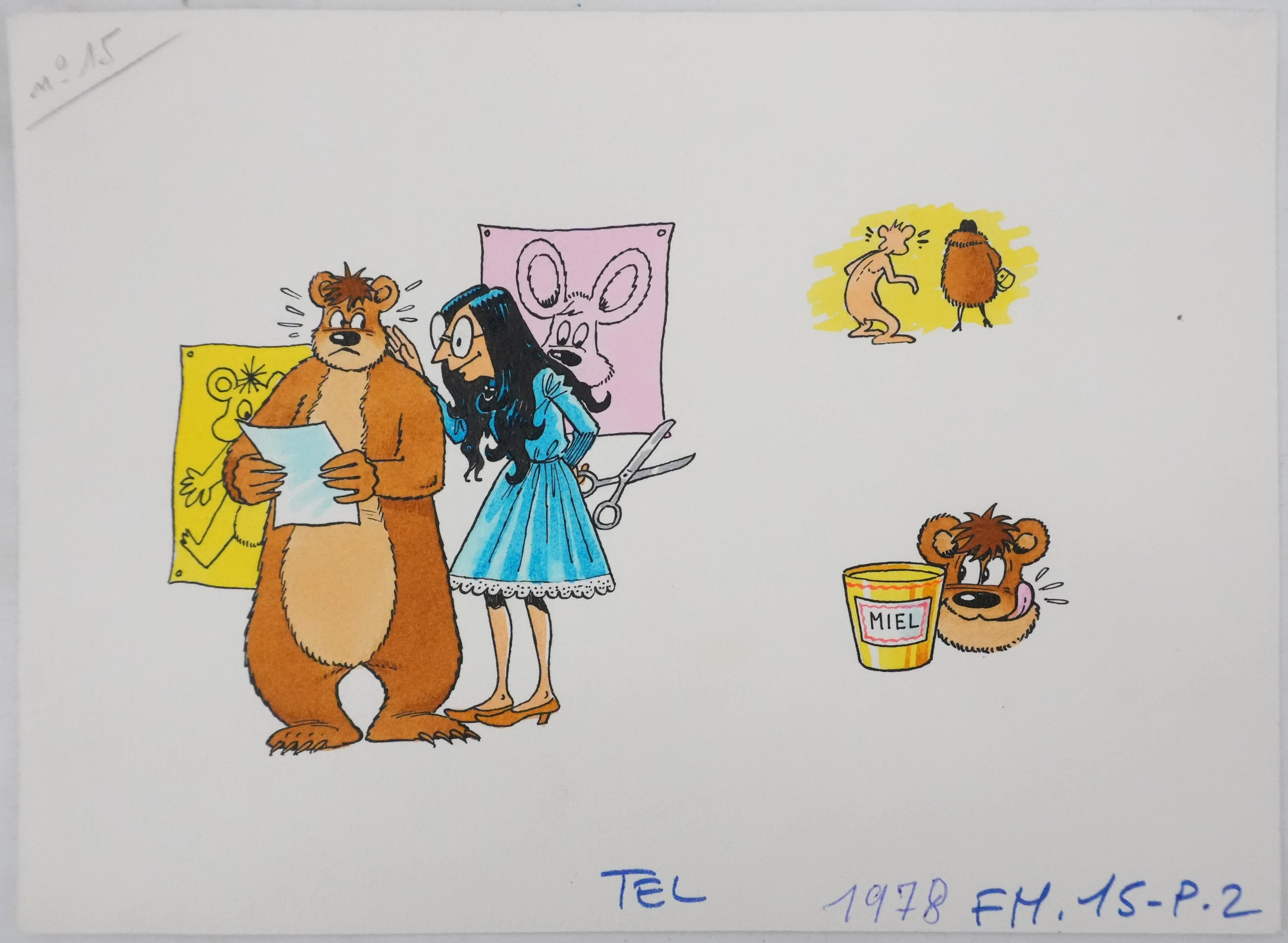 Roger BUSSEMEY : Nestor et la femme à la robe bleue, Aquarelle originale