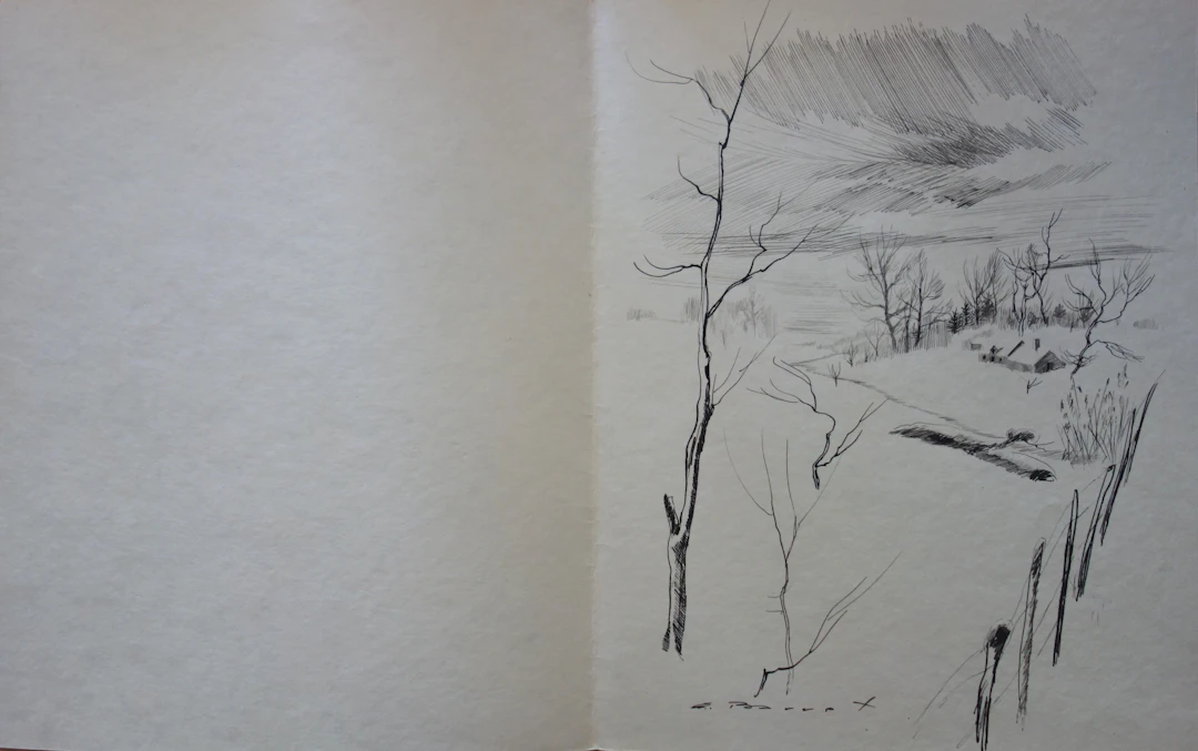 Gaston BARRET - Paysage d’hiver, Dessin original et gravure signée