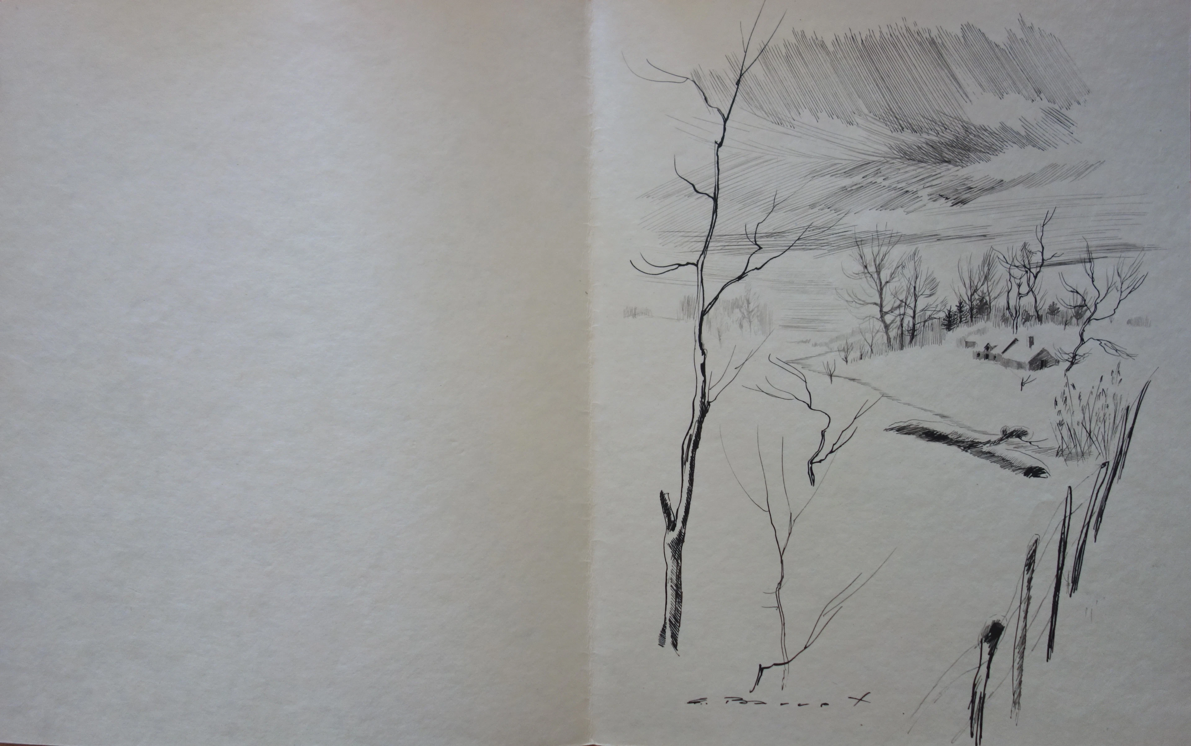 Gaston BARRET - Paysage d’hiver, Dessin original et gravure signée