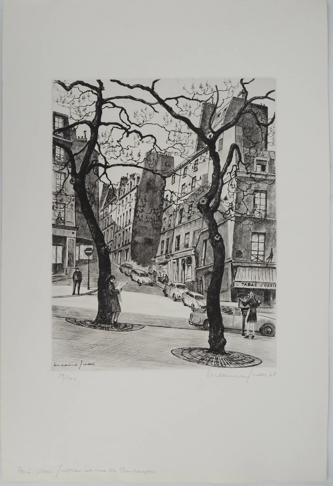 Maxime JUAN, Paris : place Jussieu et rue des Boulangers, 1968 - Gravure