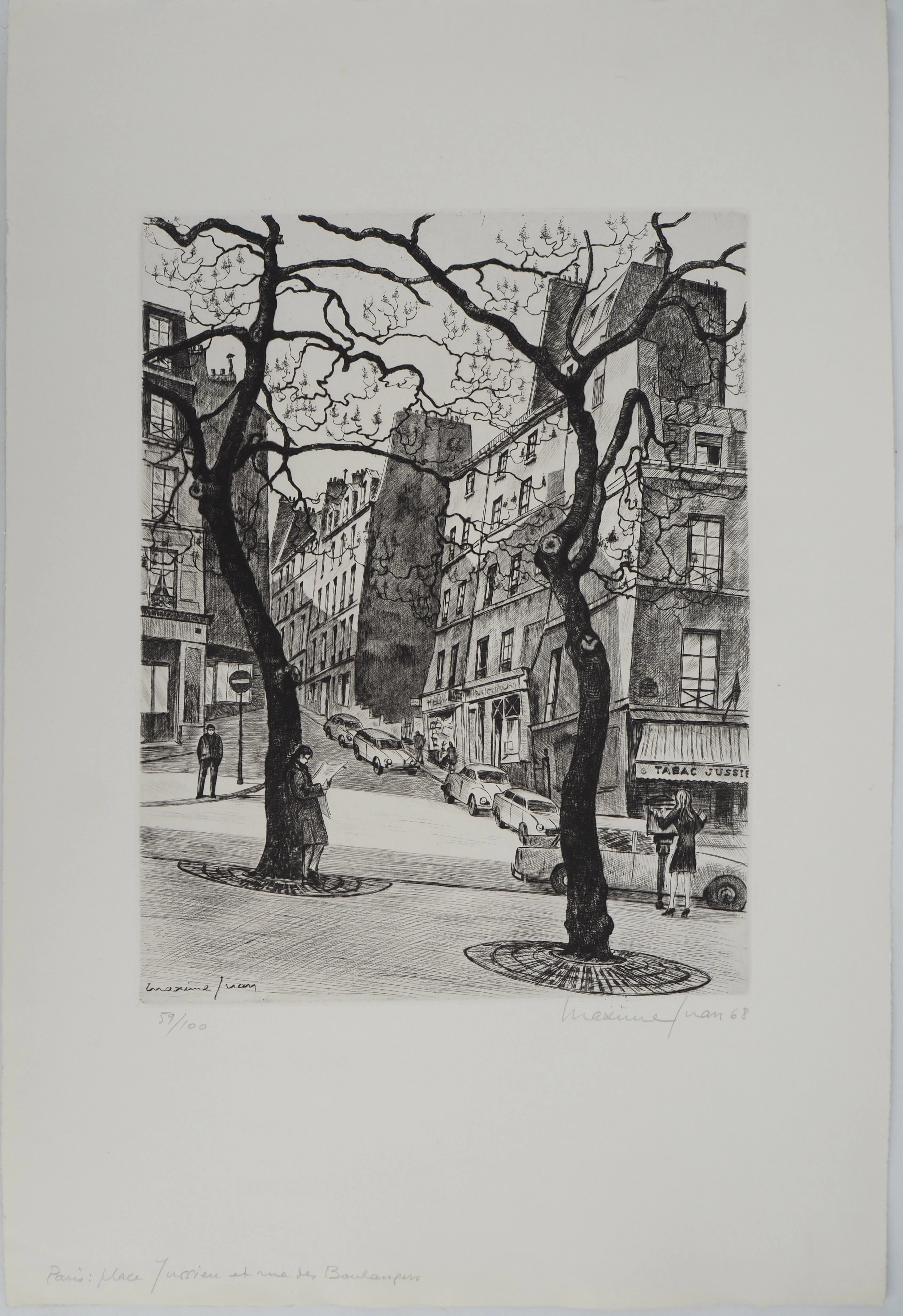 Maxime JUAN, Paris : place Jussieu et rue des Boulangers, 1968 - Gravure