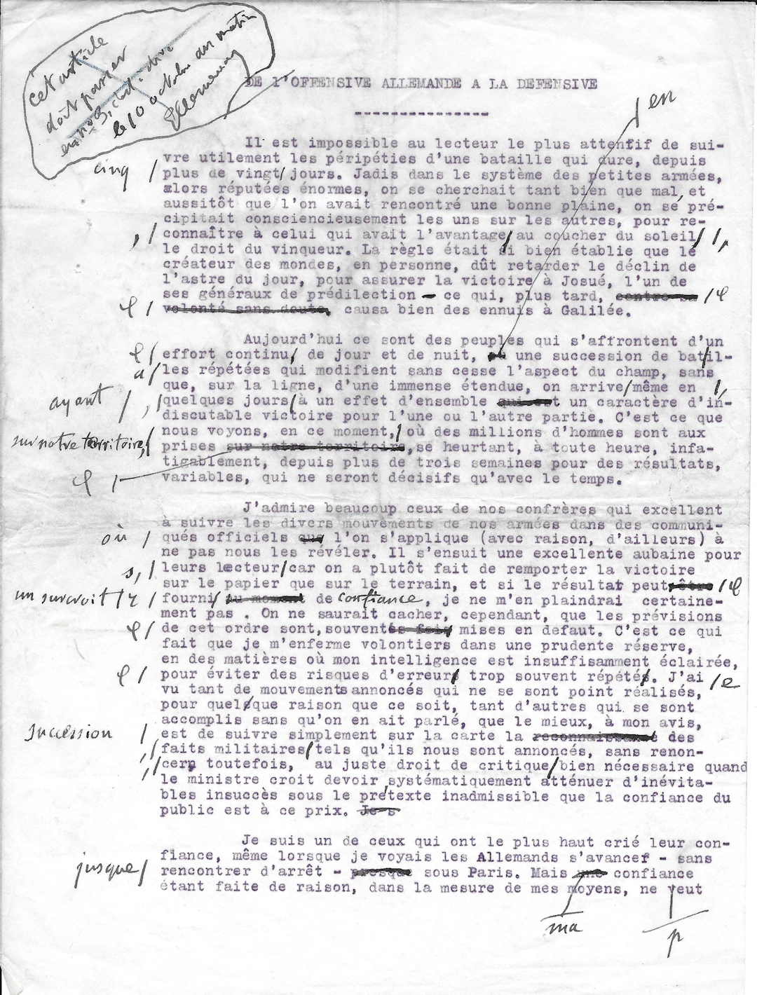 Georges CLEMENCEAU - Tapuscrit avec corrections autographes octobre 1914