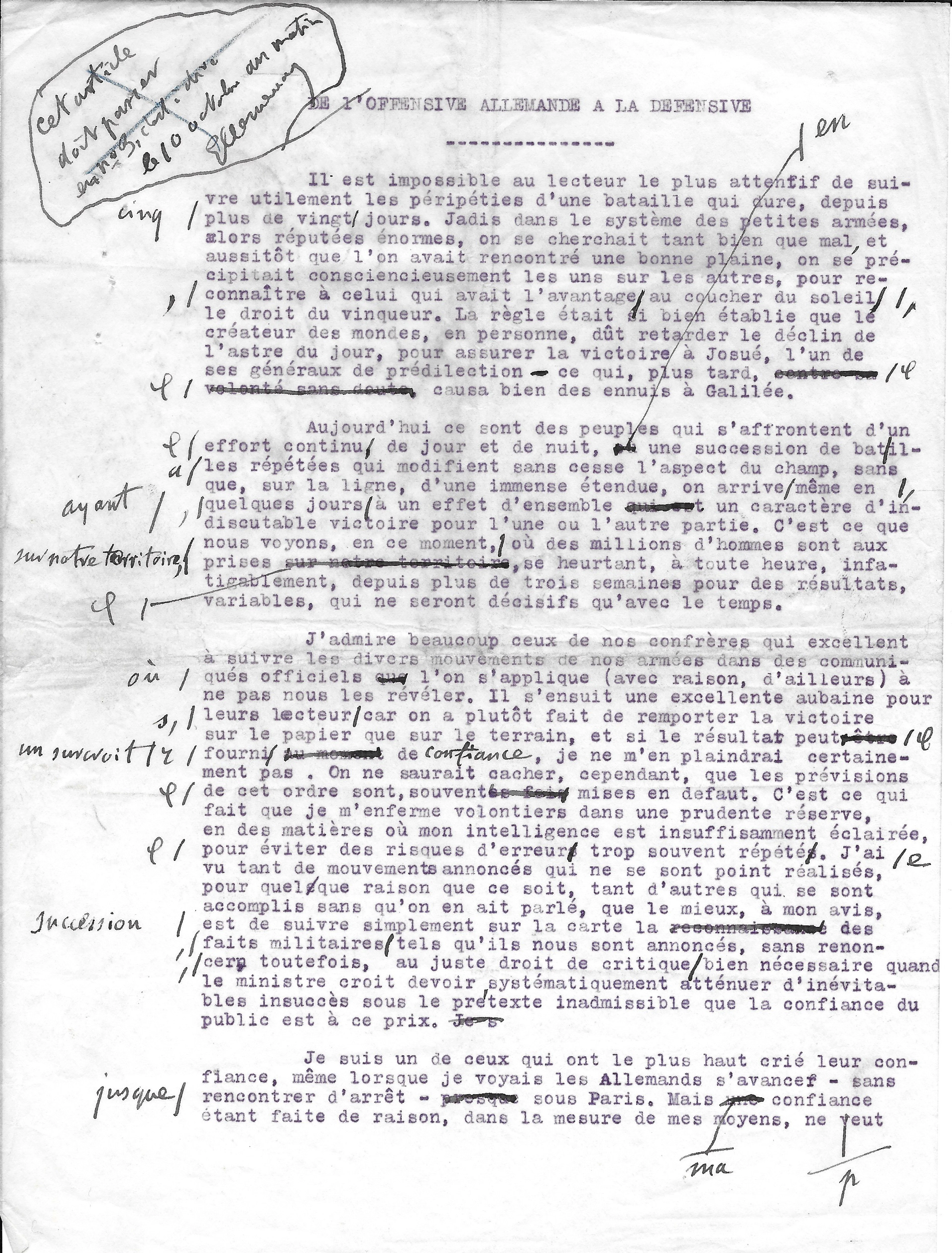 Georges CLEMENCEAU - Tapuscrit avec corrections autographes octobre 1914