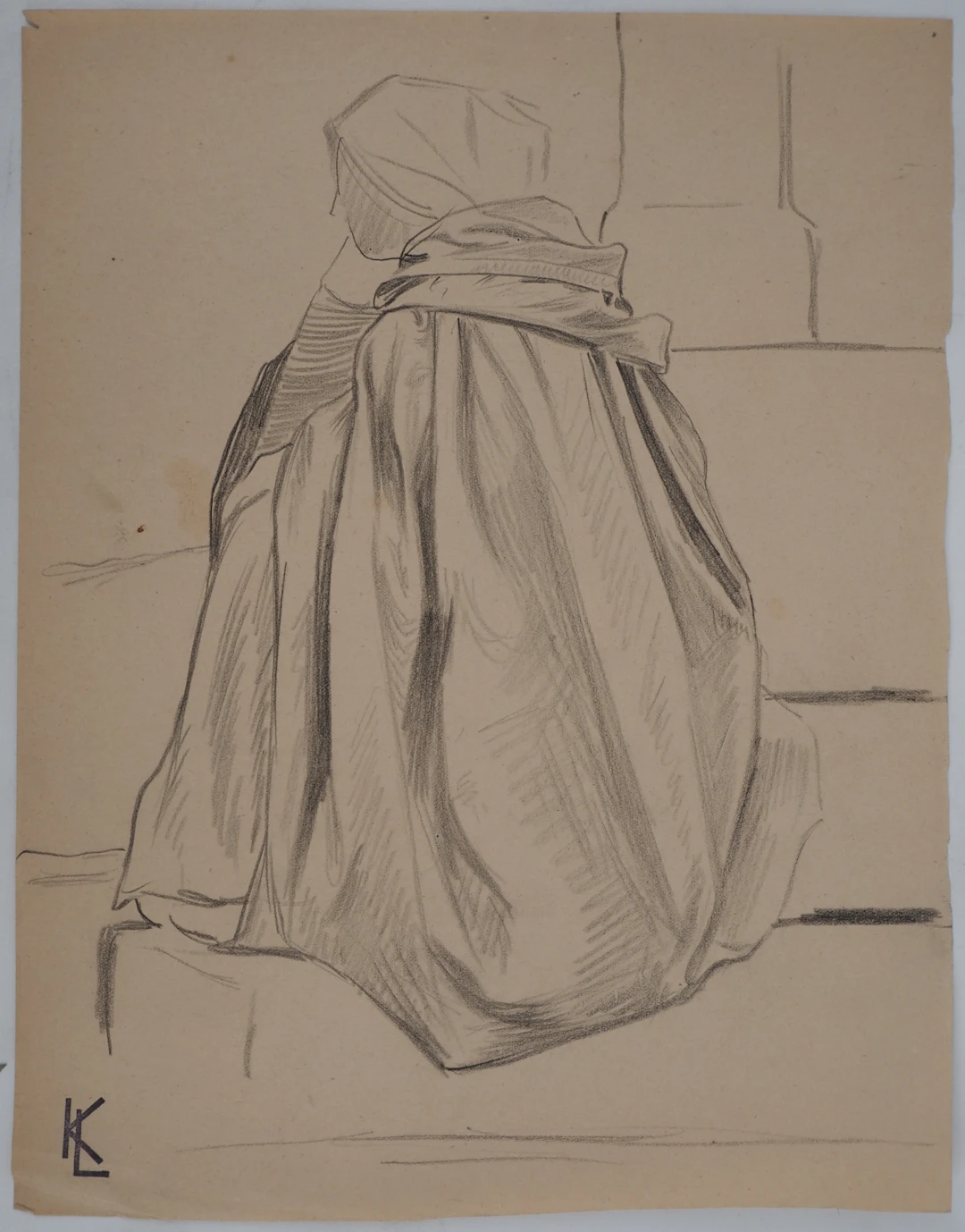 Léopold Franz KOWALSKI: Drapé d'une cape vue de dos, dessin original