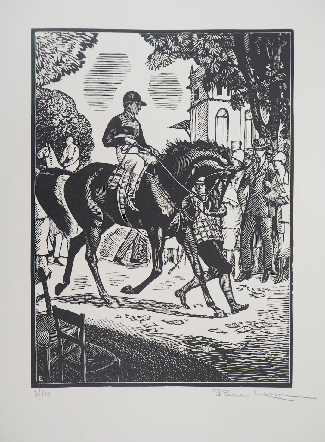 Pierre LISSAC : Jockey avant la course, 1926 - Bois gravé original signé