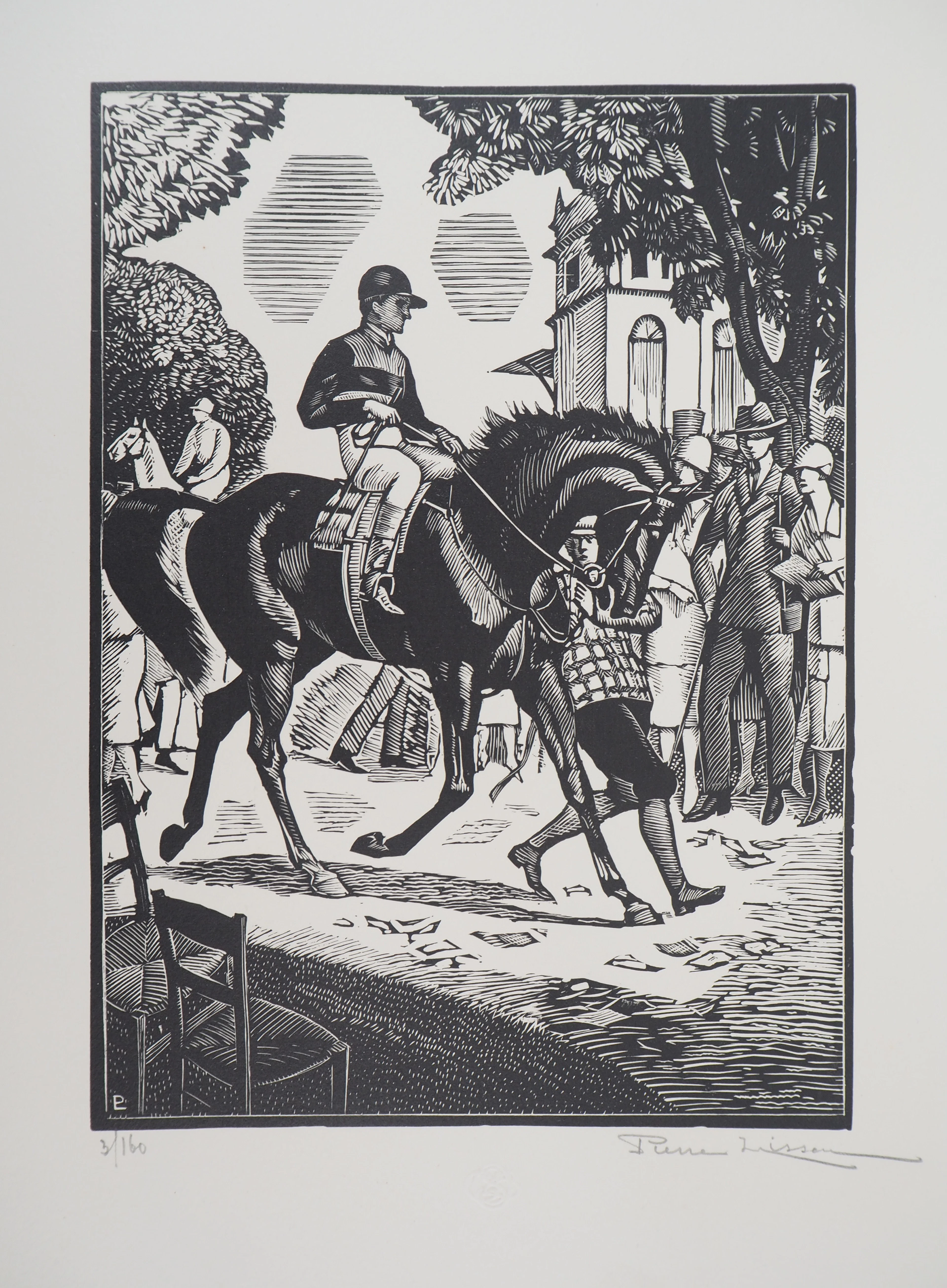 Pierre LISSAC : Jockey avant la course, 1926 - Bois gravé original signé