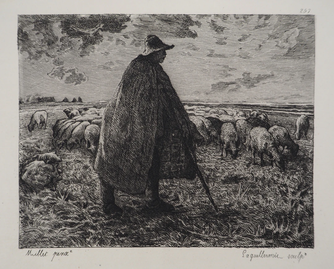 Jean François MILLET : Le vieux berger - Gravure, Signée #Durand Ruel - 1873