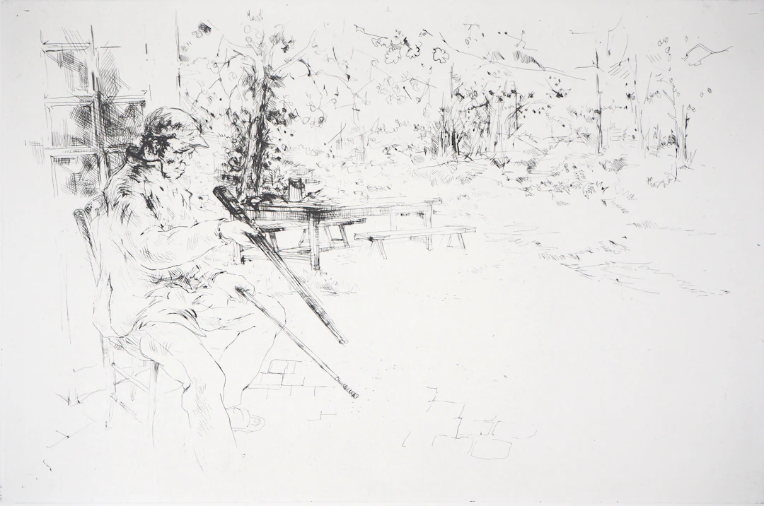 Yves- Jean COMMERE : Chasseur nettoyant son fusil - Gravure originale signée