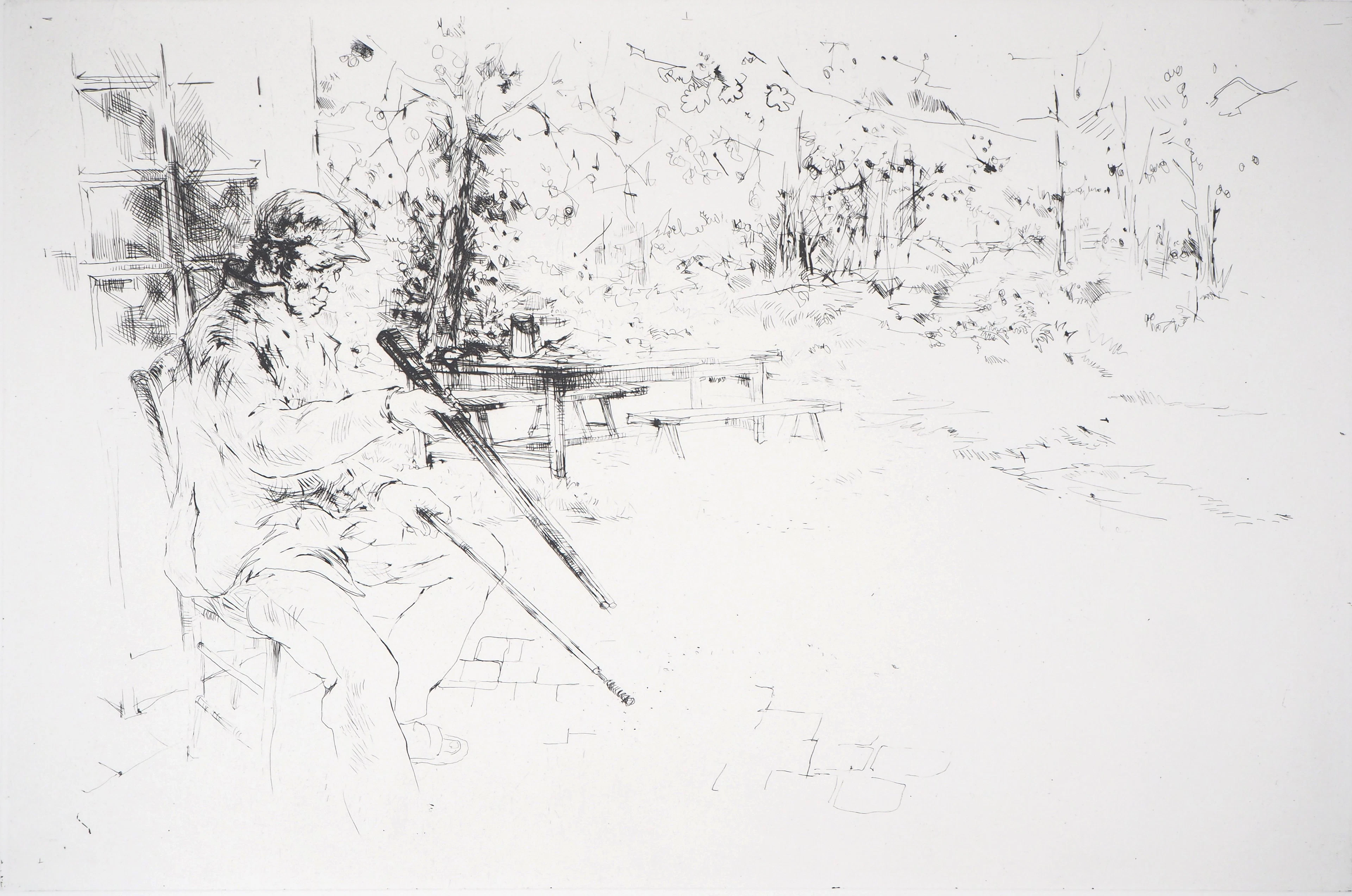 Yves- Jean COMMERE : Chasseur nettoyant son fusil - Gravure originale signée