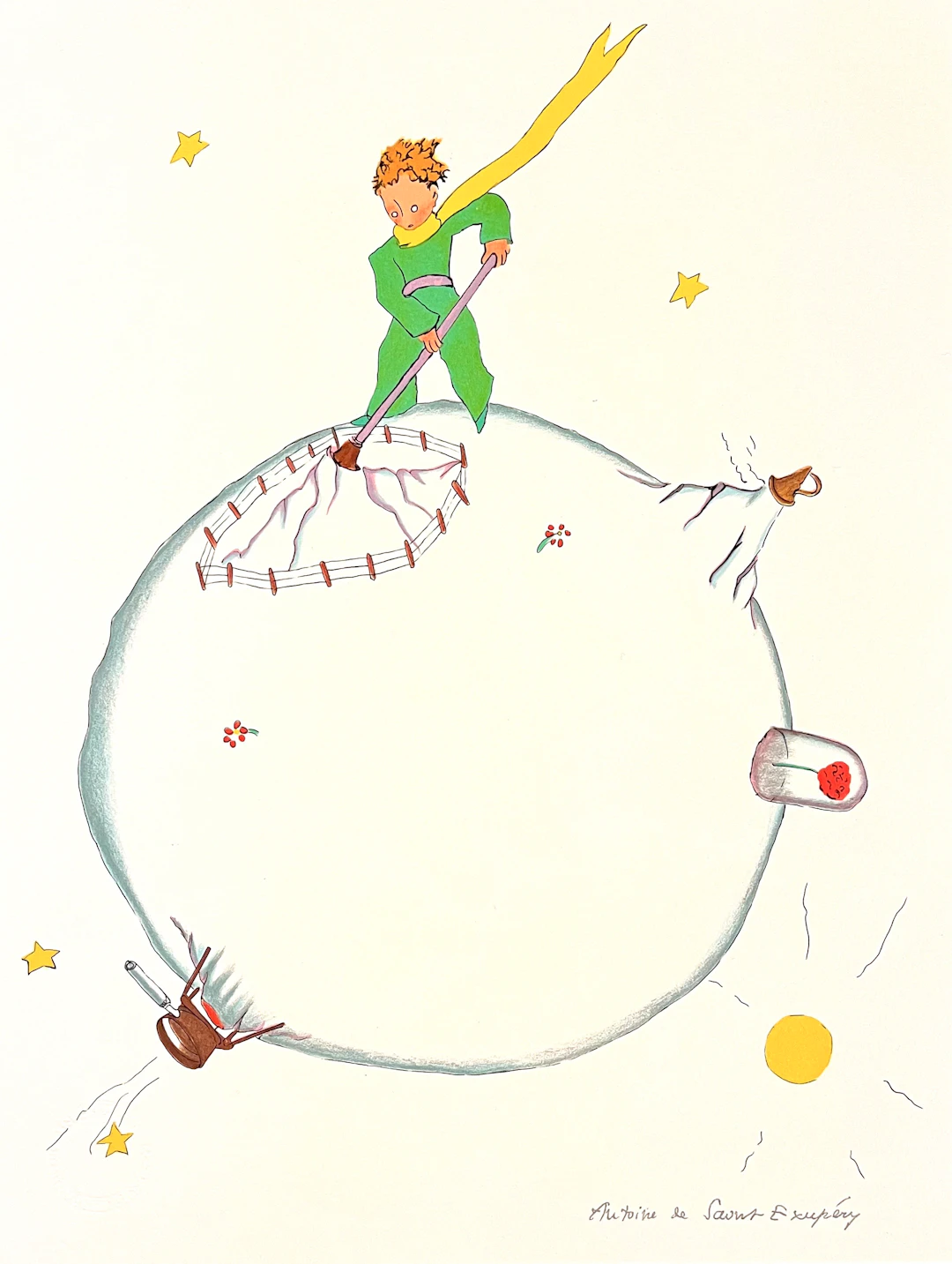 Antoine de Saint-Exupéry - Lithographie "Le petit prince et le volcan"