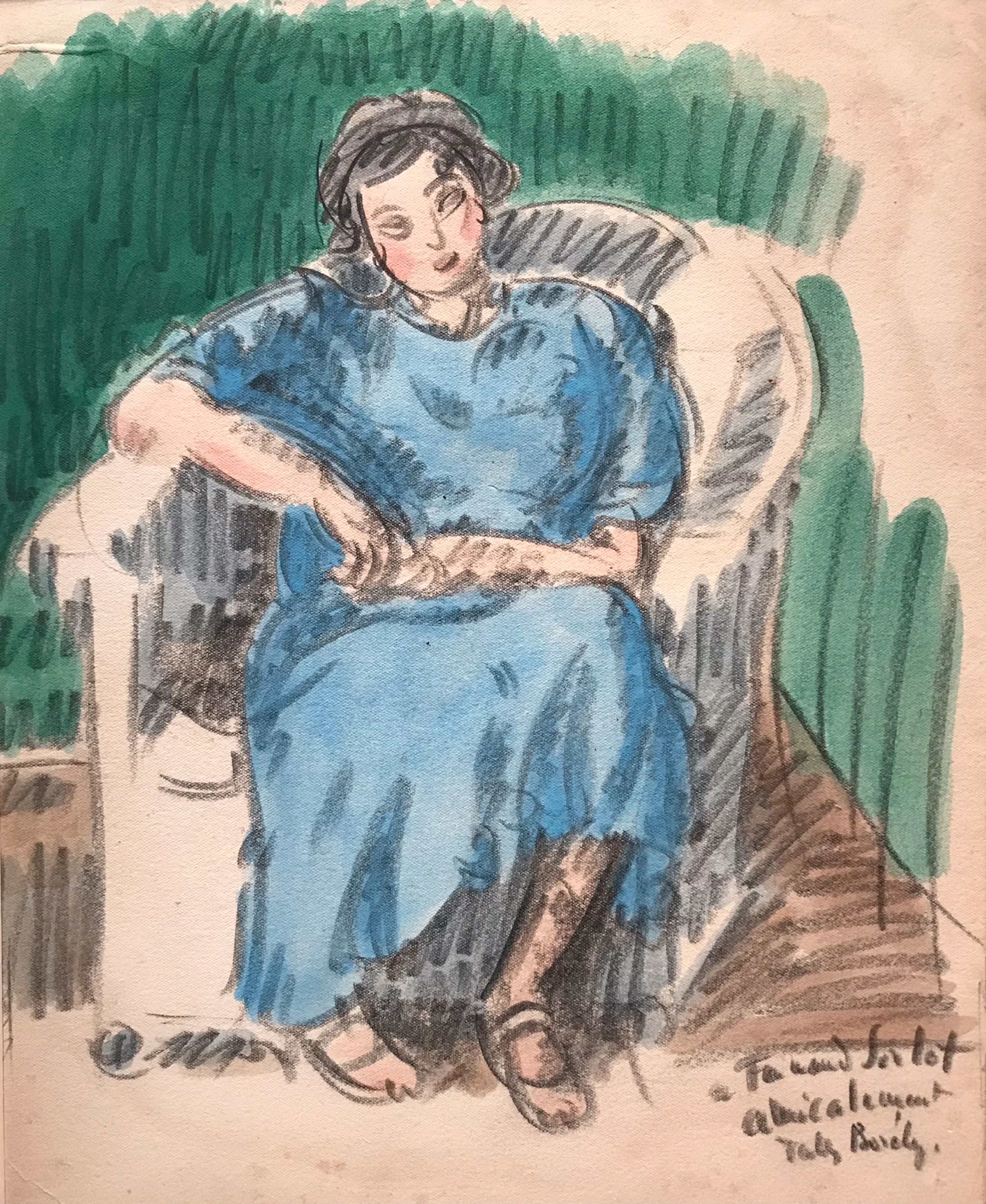 Jules BORÉLY - Femme assise - Aquarelle et fusain signé