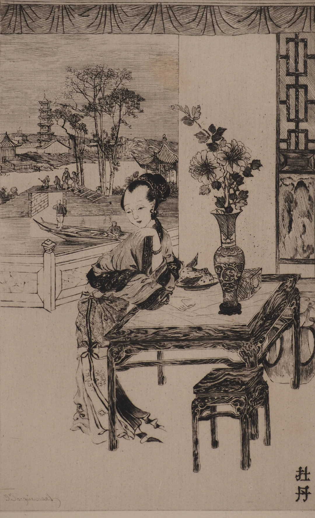 Jules Ferdinand JACQUEMART : Japon, La Pivoine, Gravure originale signée