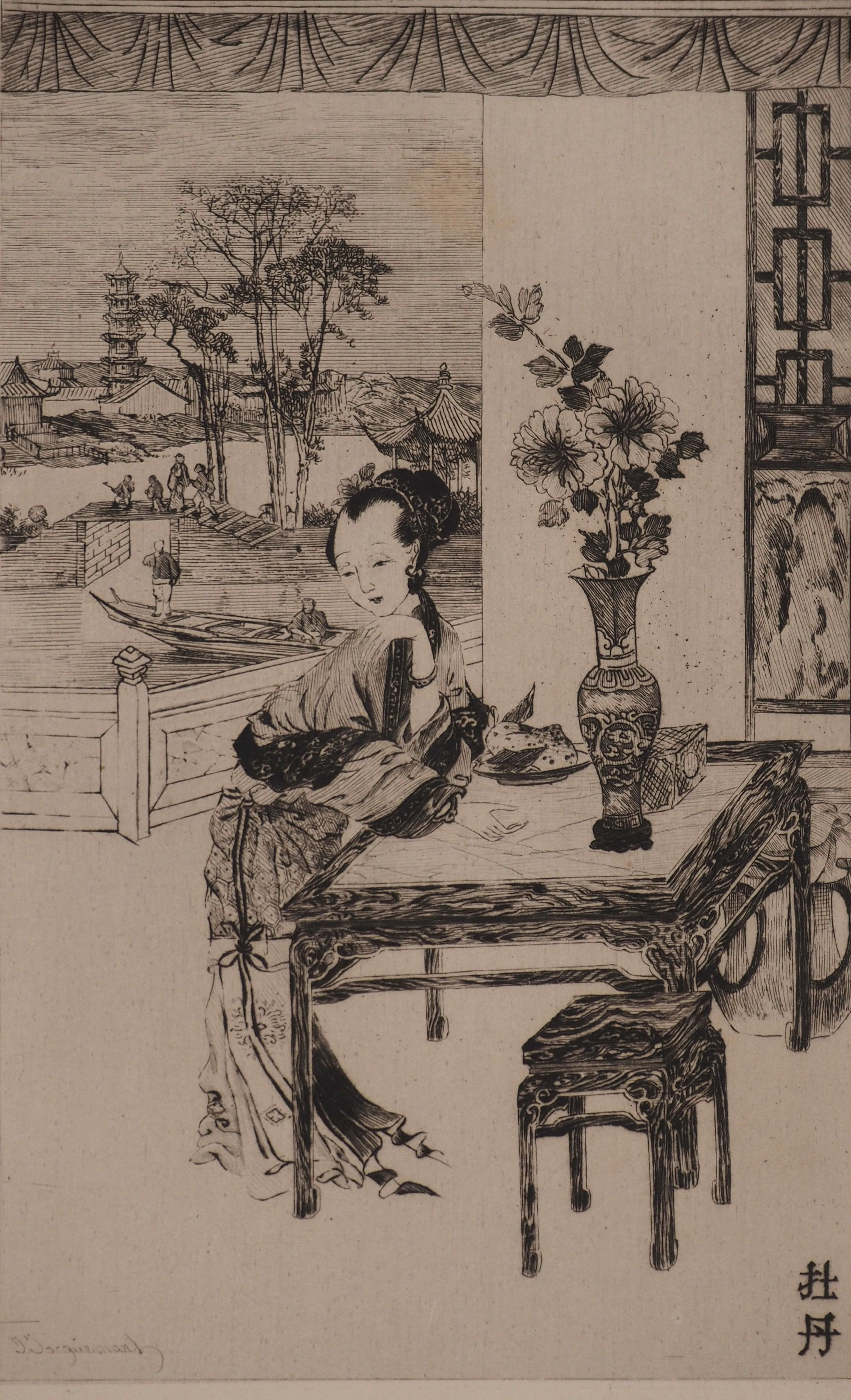 Jules Ferdinand JACQUEMART : Japon, La Pivoine, Gravure originale signée