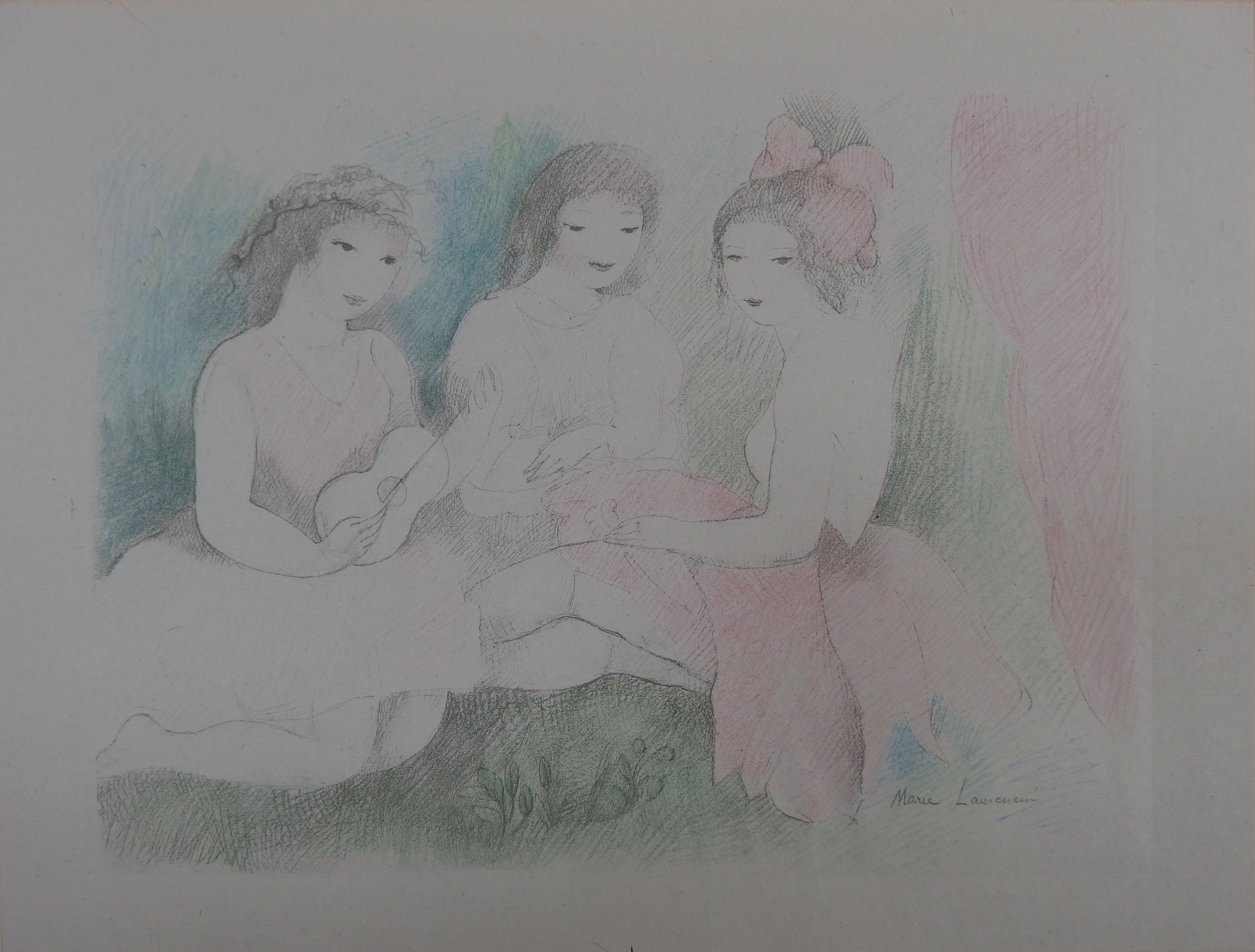 Marie LAURENCIN : Les trois amies avec une guitare; Lithographie signée - 1928