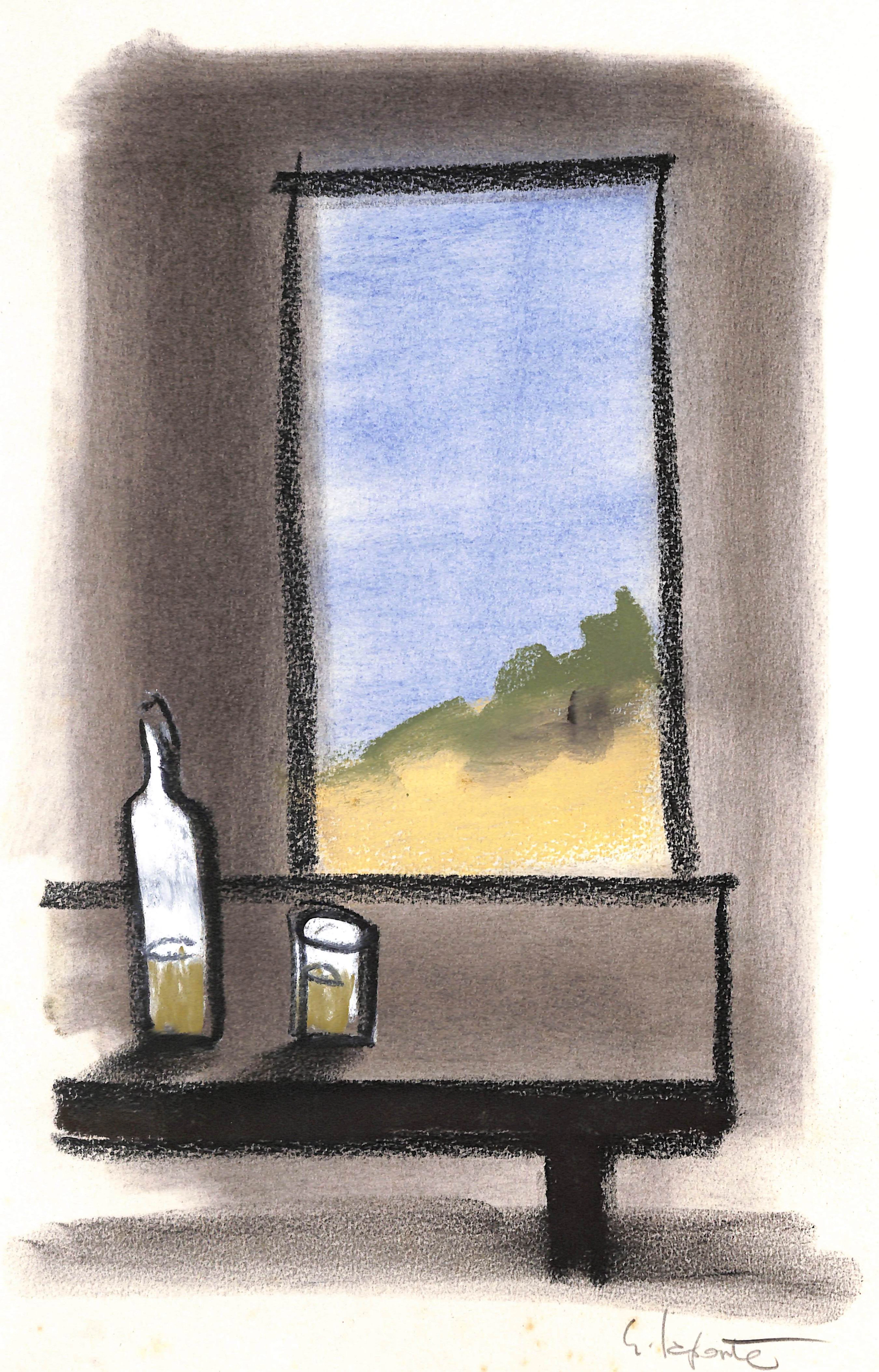 Georges LAPORTE - Apéritif à la fenêtre, 1974 - Dessin original au pastel signé