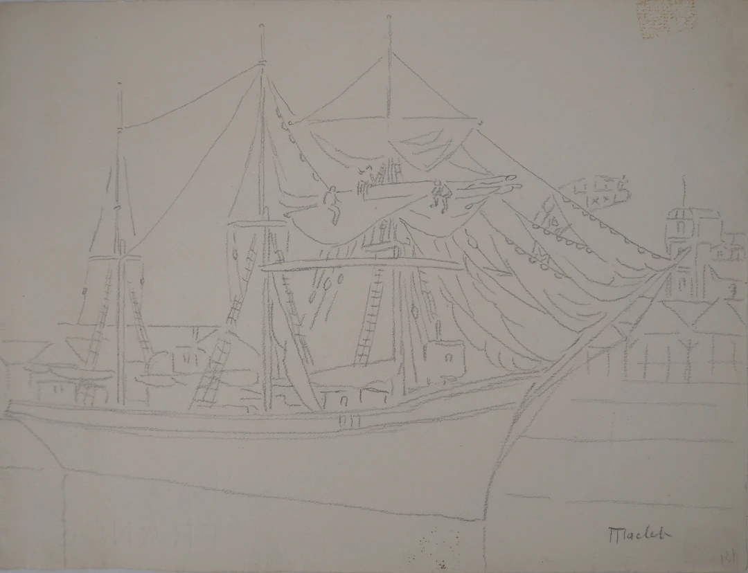 Elisée MACLET - Bateau : le trois mats - Dessin original, signé