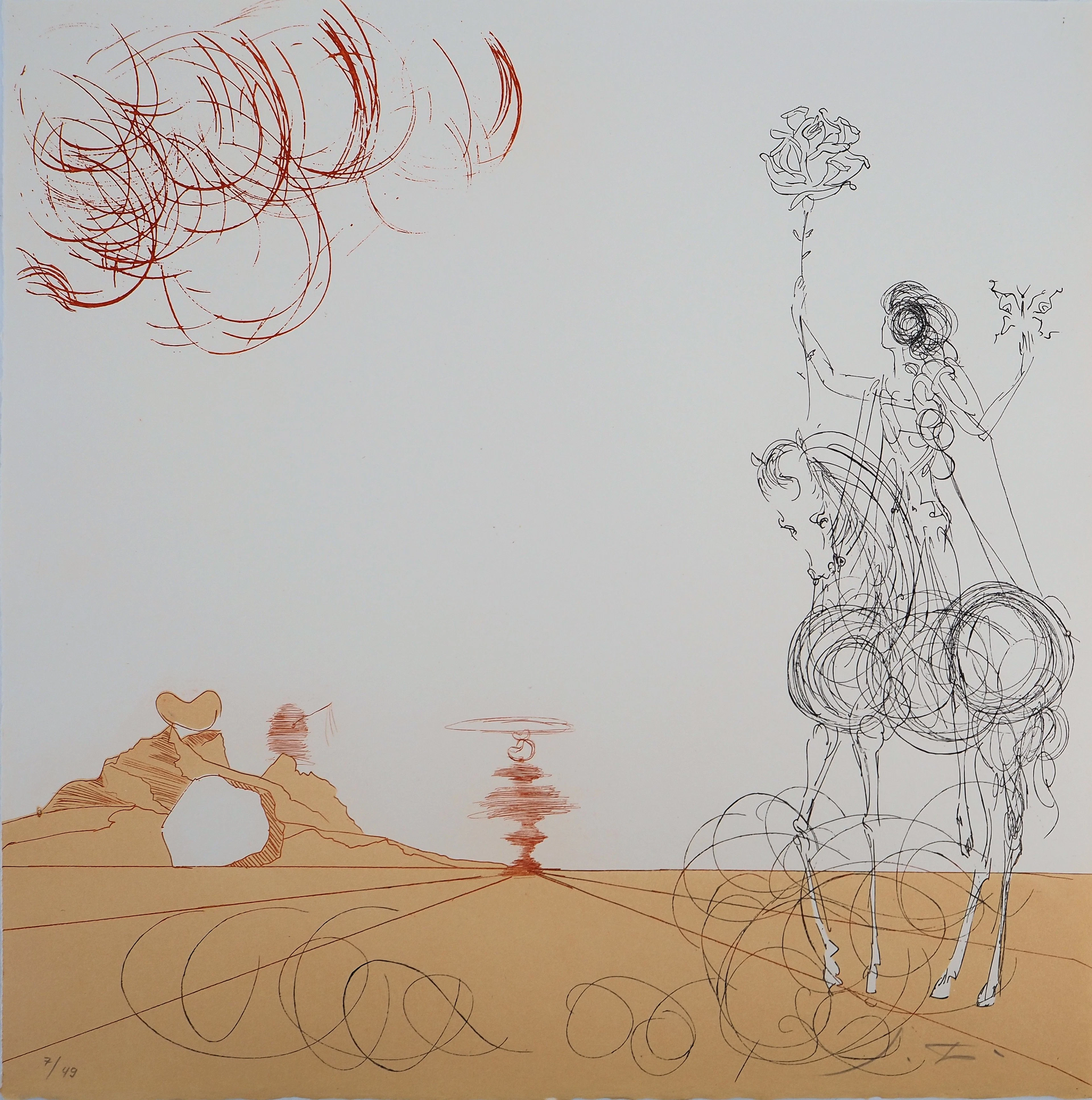 Salvador DALI : Désert fabuleux, Cavalier à la rose, Gravure originale signée
