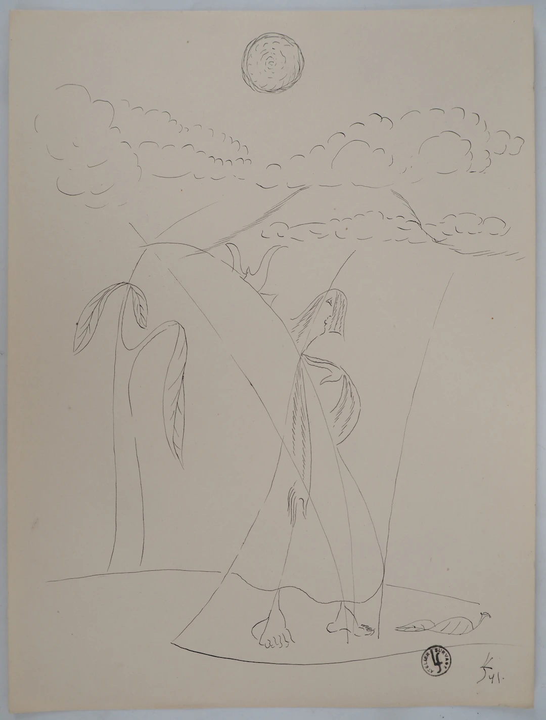 Léopold SURVAGE - Femme fleur et l’île au volcan, 1941 - Dessin original, Signé
