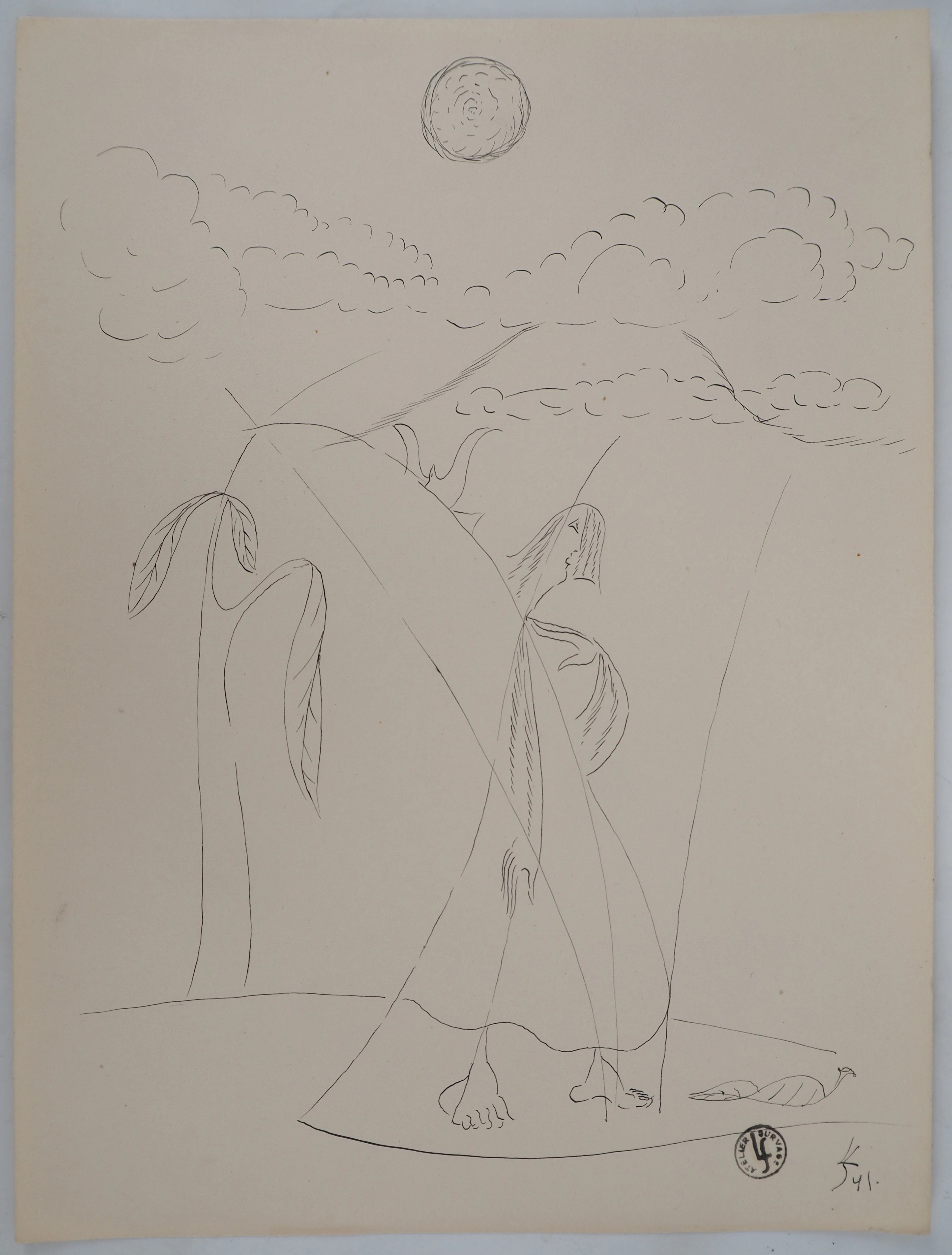 Léopold SURVAGE - Femme fleur et l’île au volcan, 1941 - Dessin original, Signé