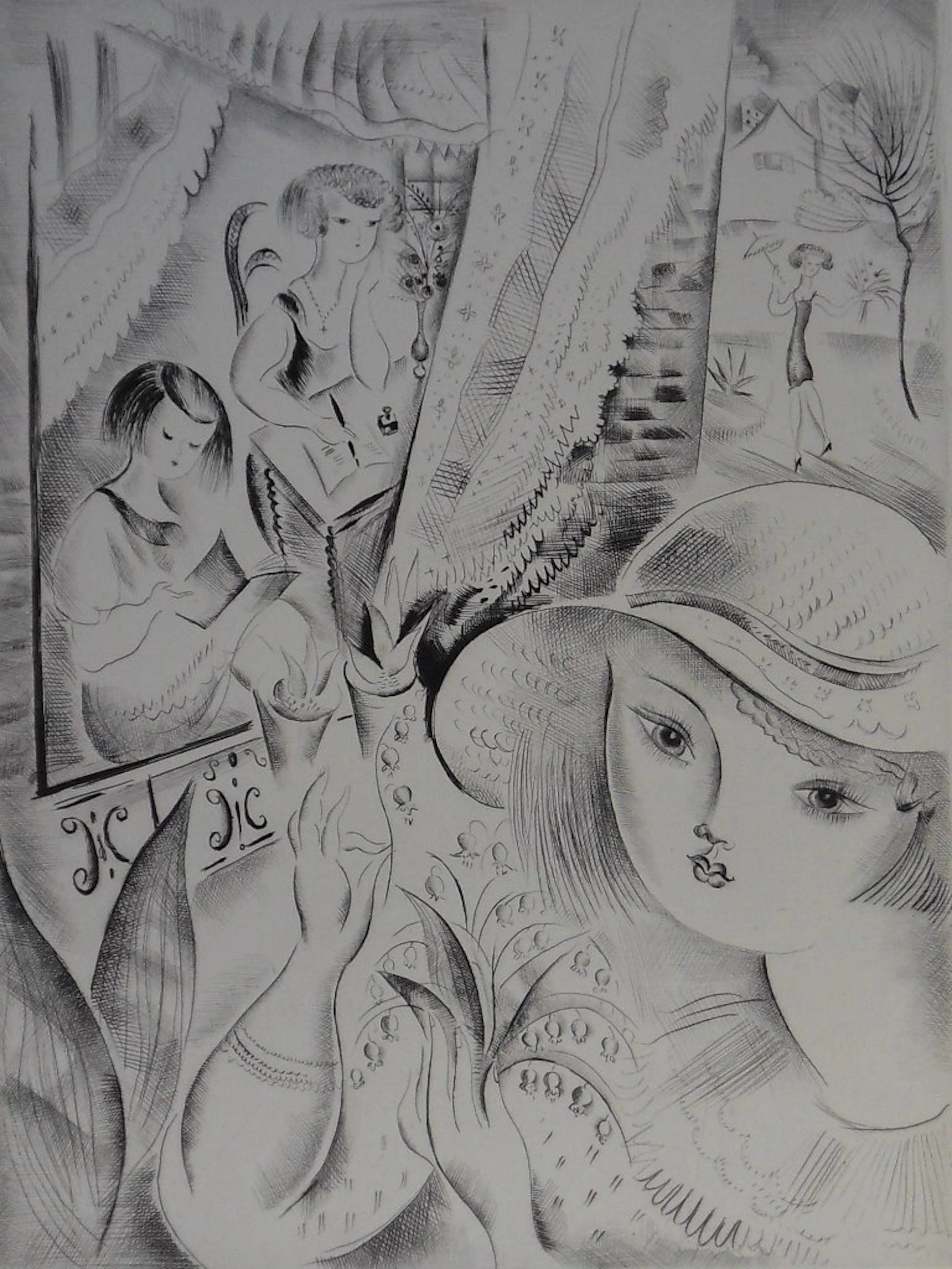 Mily POSSOZ : Jeunes filles au jardin - Gravure originale signée