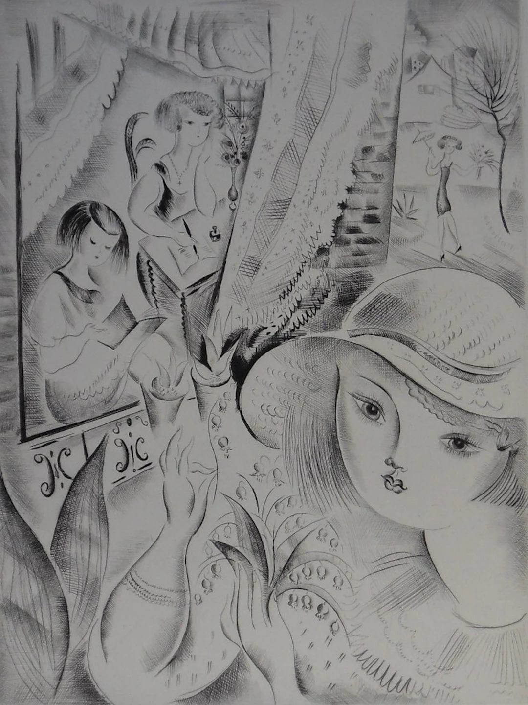 Mily POSSOZ : Jeunes filles au jardin - Gravure originale signée