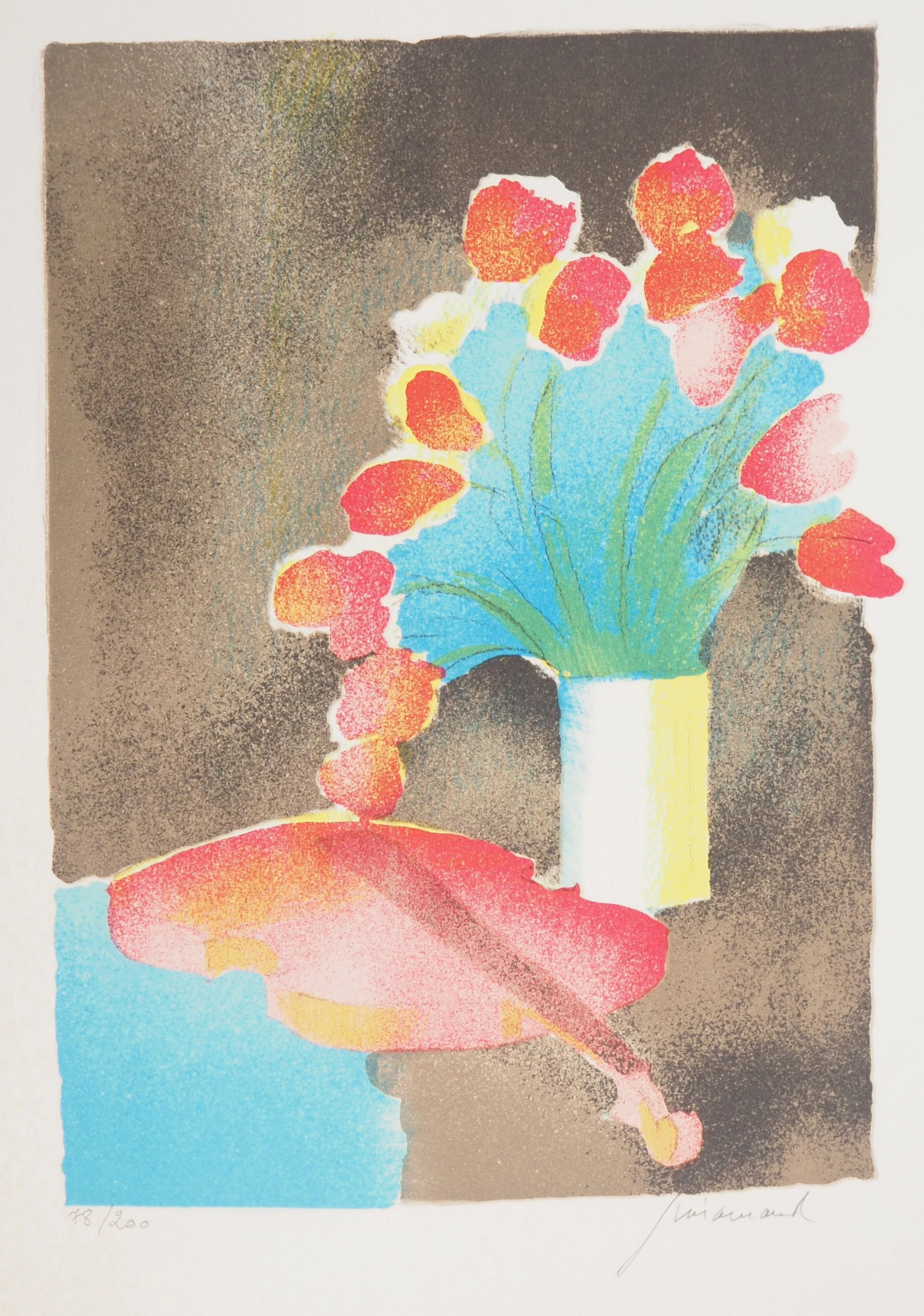 Paul GUIRAMAND : Bouquet de tulipes et le violon - Lithographie originale