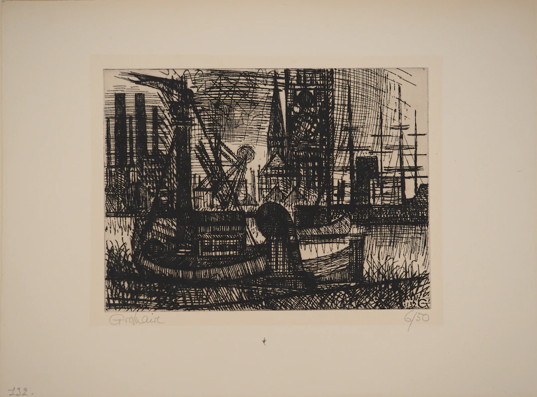 Marcel GROMAIRE : Bateaux et voiliers au port, Gravure originale signée