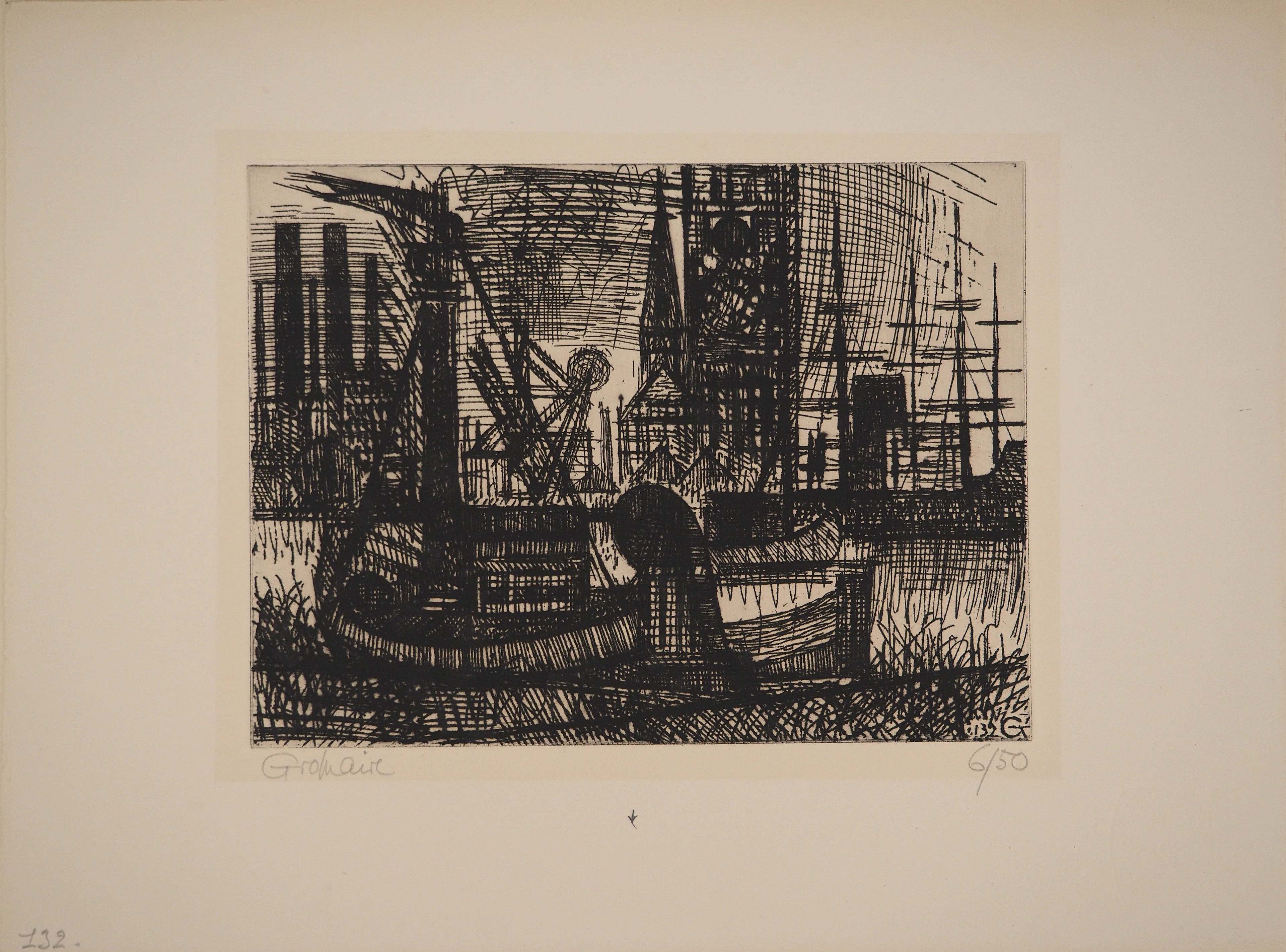 Marcel GROMAIRE : Bateaux et voiliers au port, Gravure originale signée