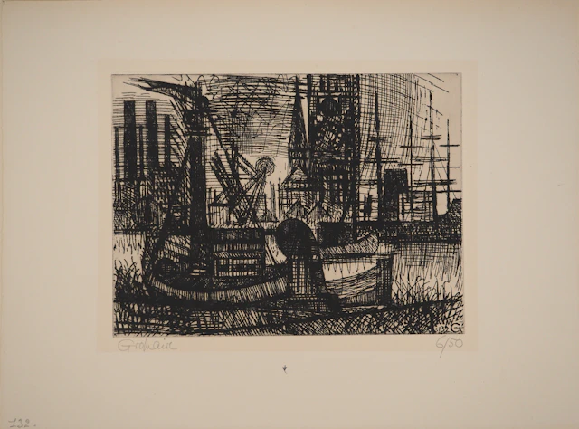 Marcel GROMAIRE : Bateaux et voiliers au port, Gravure originale signée