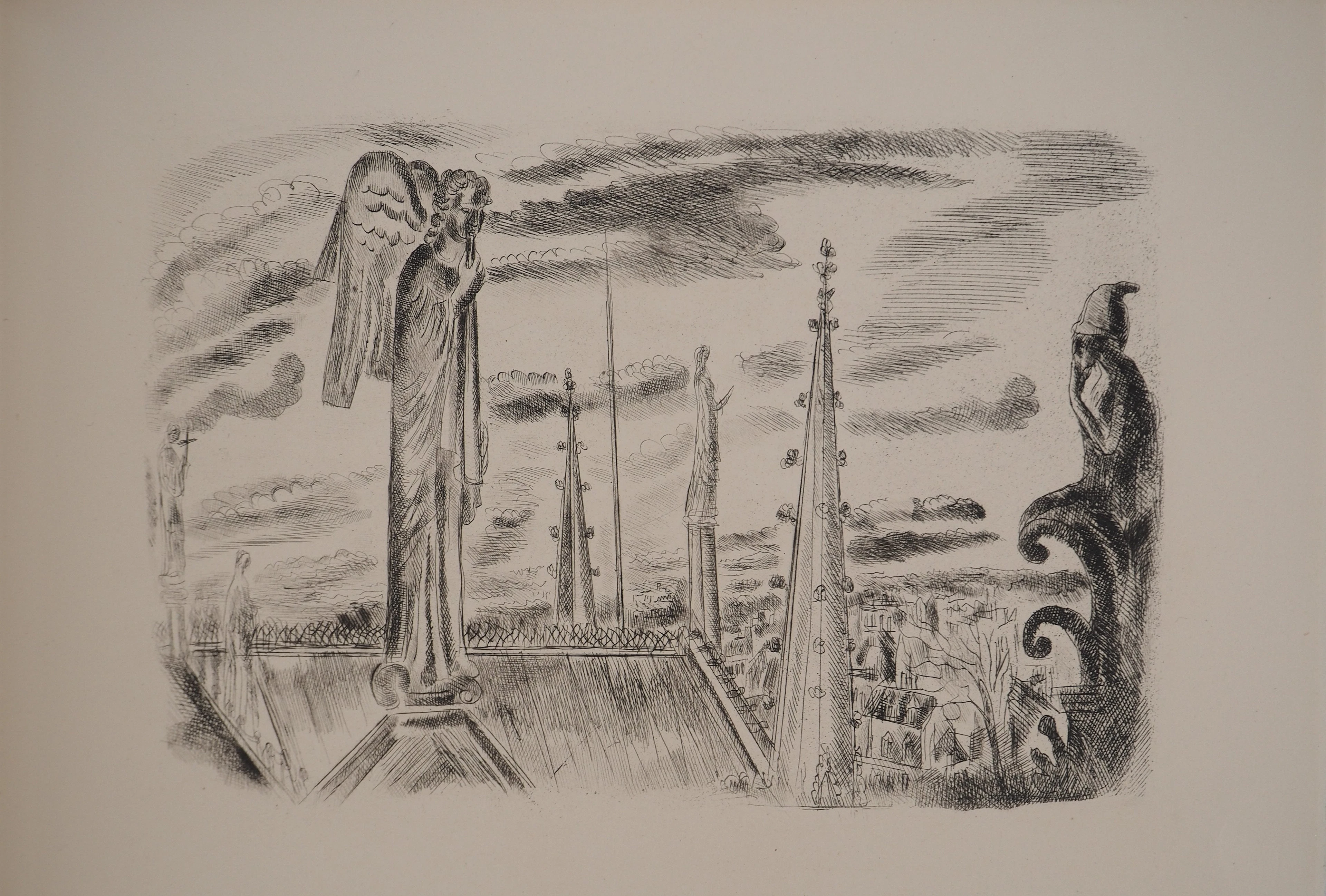 Hermine DAVID : Sur le toit de Notre Dame, Gravure originale