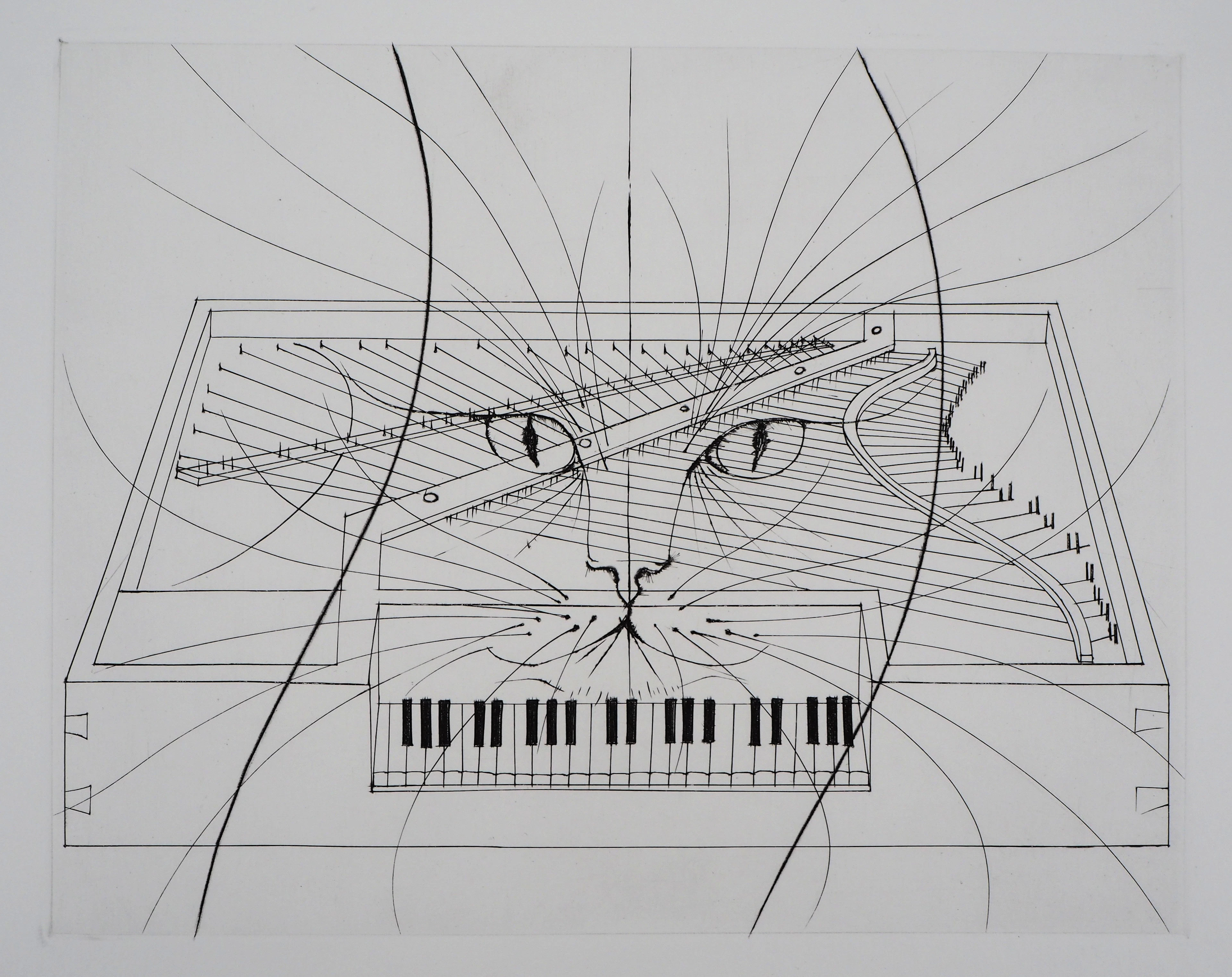 Pierre-Yves TREMOIS : Le chat au piano - Gravure originale