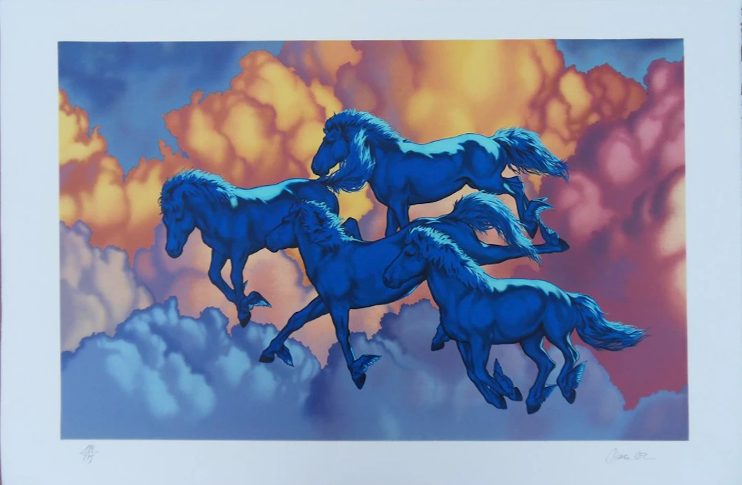Michel BEZ : Les chevaux bleus - Lithographie originale signée