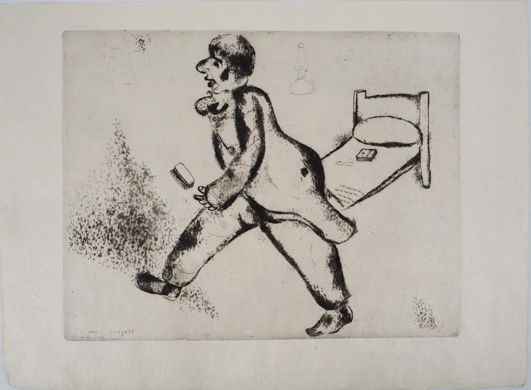 Marc CHAGALL : Pétrouchka (Les Âmes mortes), 1948, Gravure originale