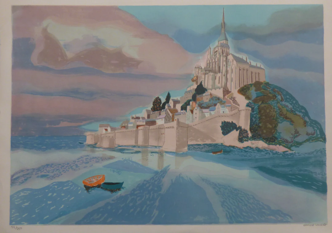 Georges LAMBERT - Le Mont Saint Michel à marée basse, 1980 - Lithographie