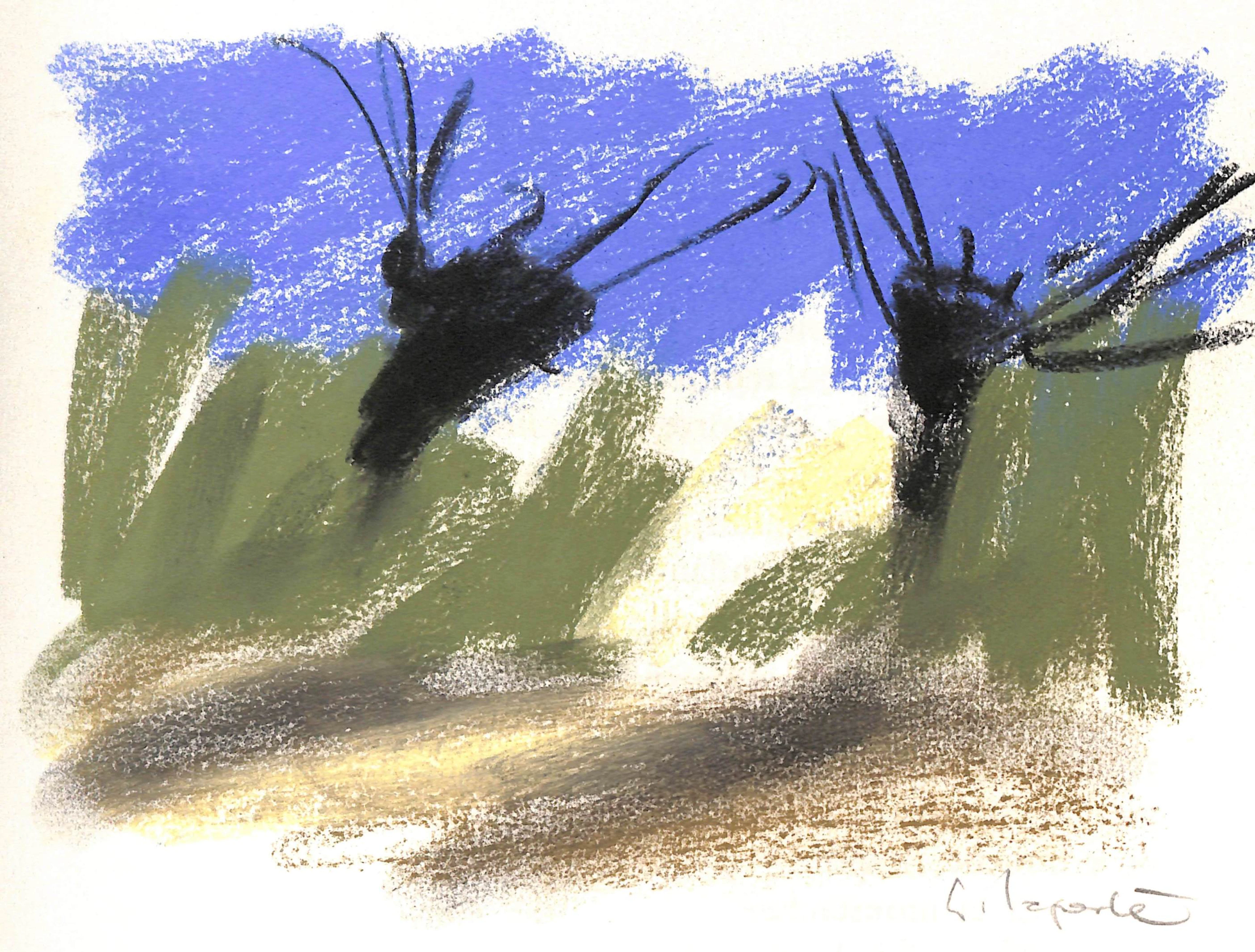 Georges LAPORTE - Oliviers sauvages, 1974 - Dessin original au pastel signé