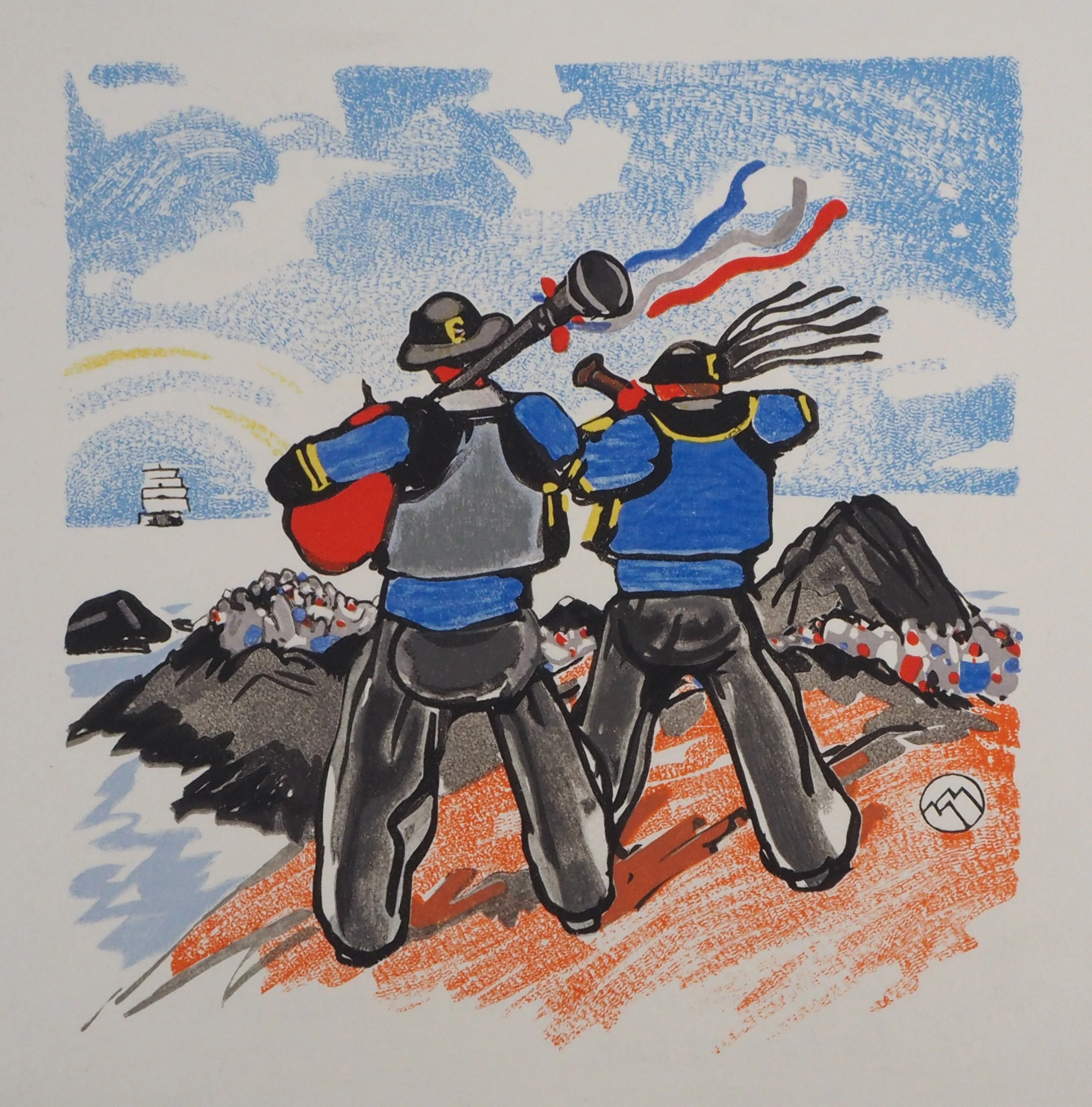 Mathurin MEHEUT : Joueurs de Biniou, le départ, 1932 - Bois gravé signé