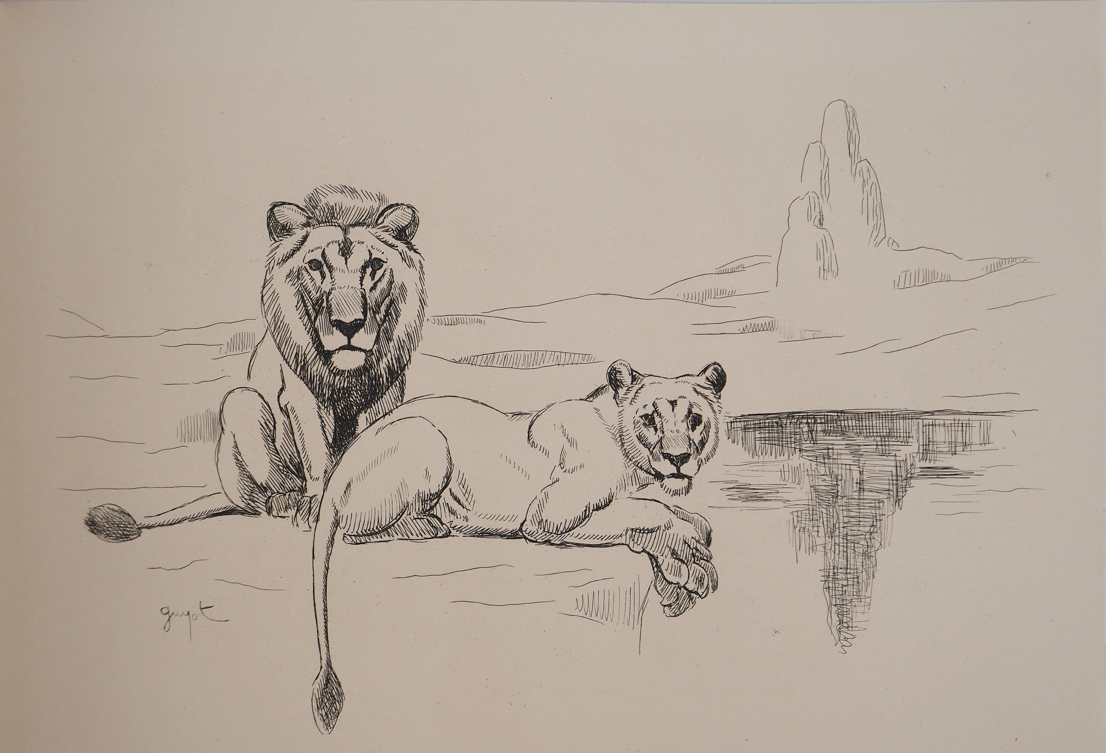 Georges Lucien GUYOT : Couple de Lions, Gravure originale signée