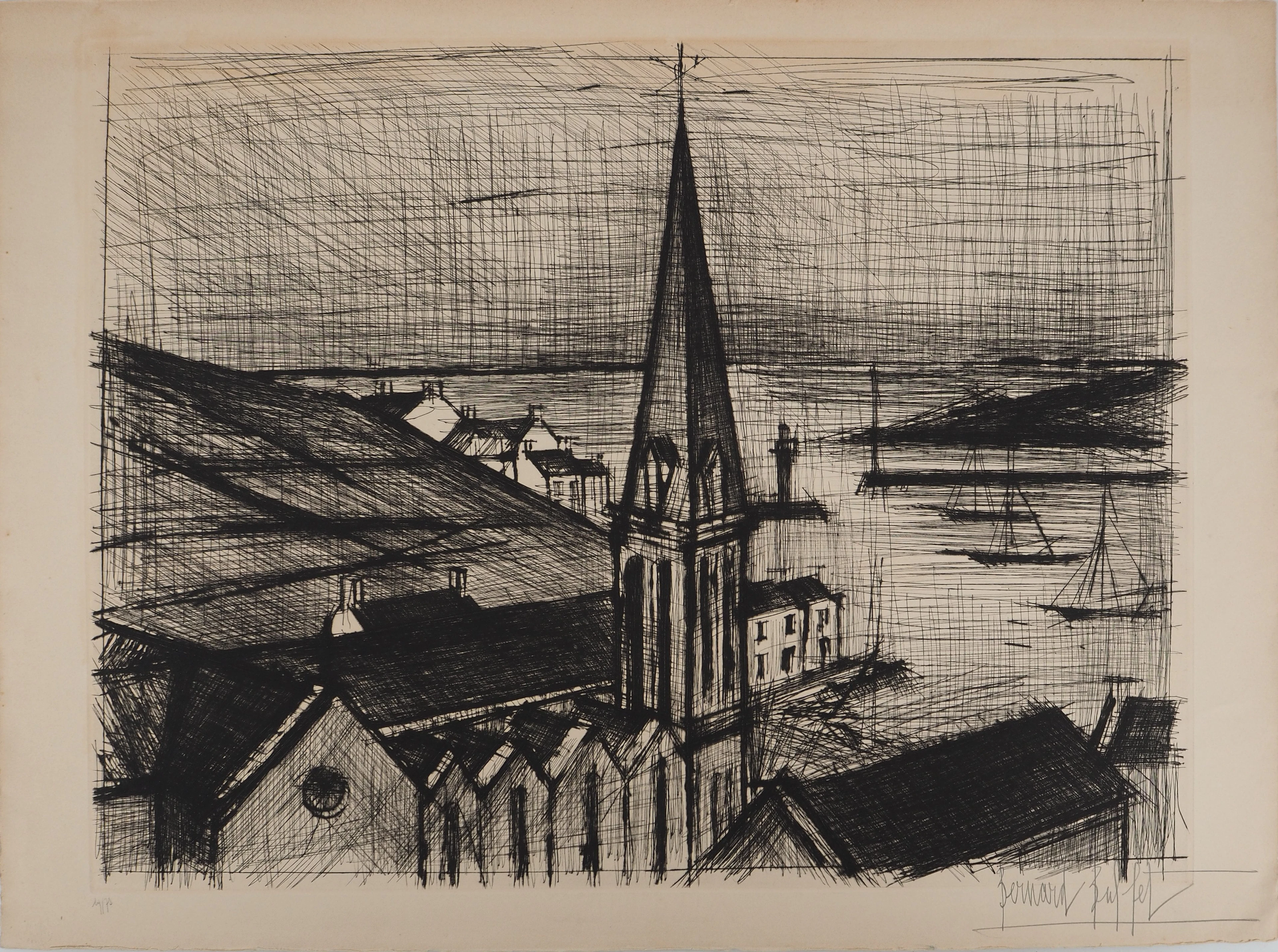 Bernard BUFFET : Bretagne, Le clocher de Sauzon, Gravure originale signée