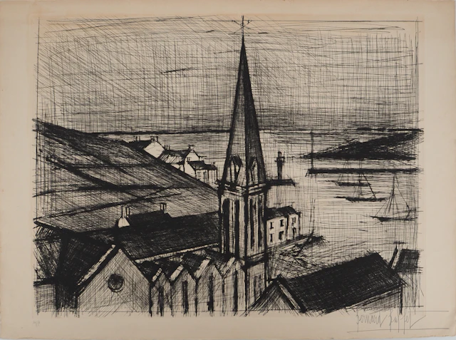 Bernard BUFFET : Bretagne, Le clocher de Sauzon, Gravure originale signée