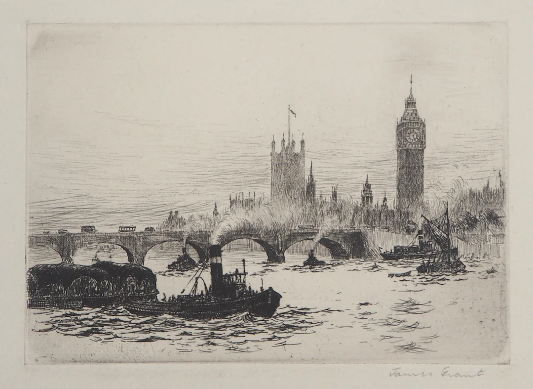 James GRANT : Vue de Westminster, Londres - Gravure originale signée