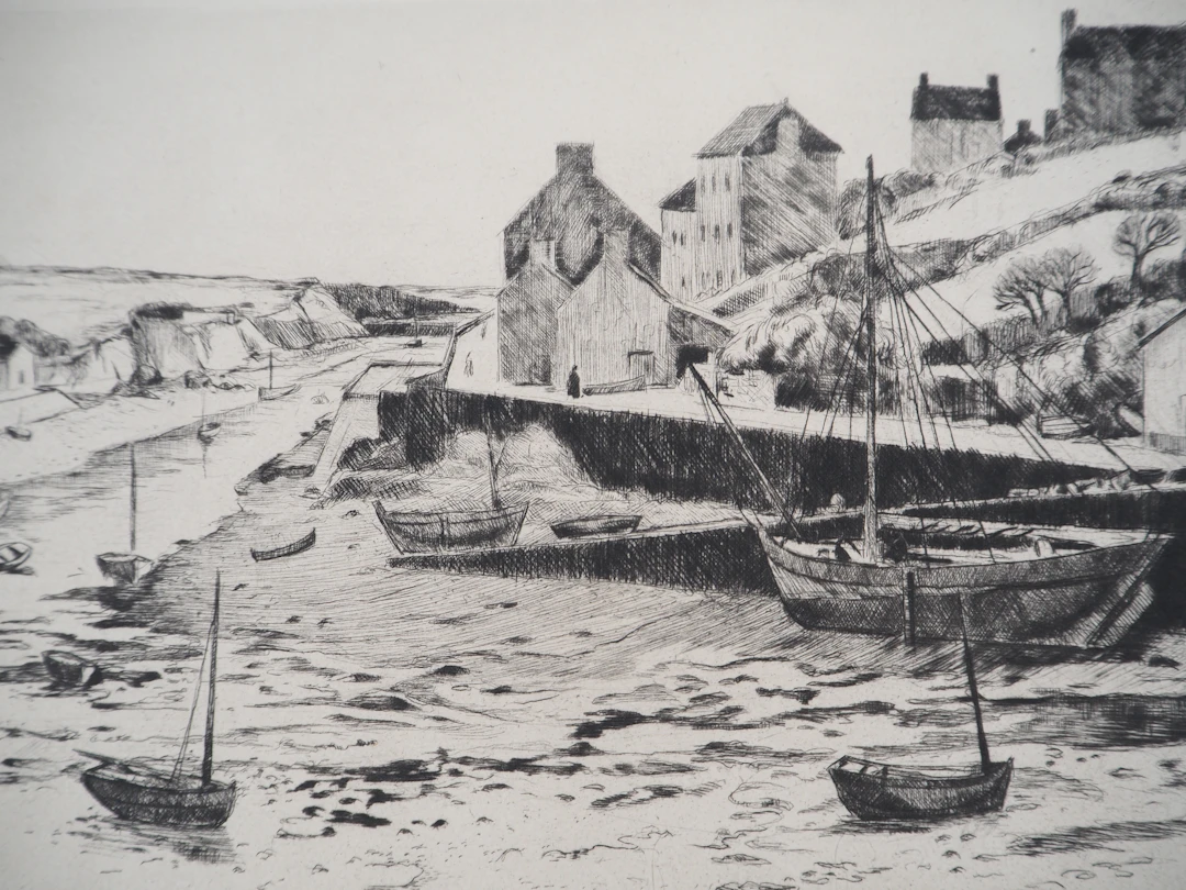 Eugène CORNEAU : Marée basse - Gravure Originale Signée, 1946