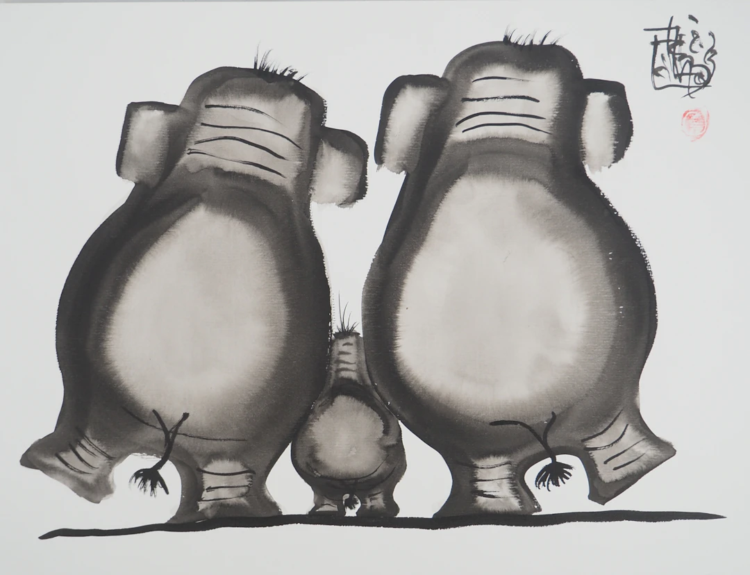 Laszlo TIBAY : Famille d’éléphants - Dessin original signé
