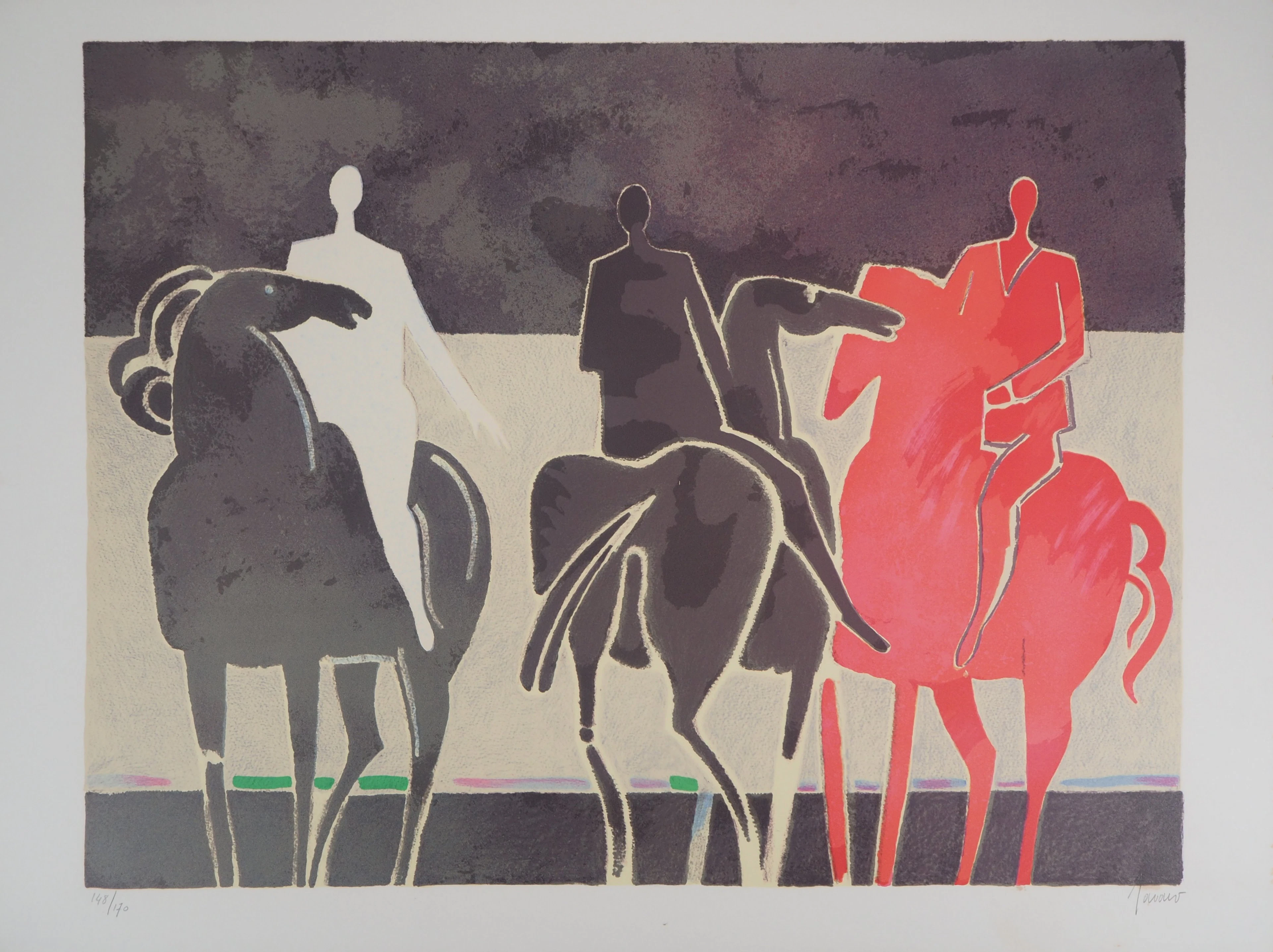 Albert ZAVARO : Les cavaliers tricolores - Lithographie originale signée