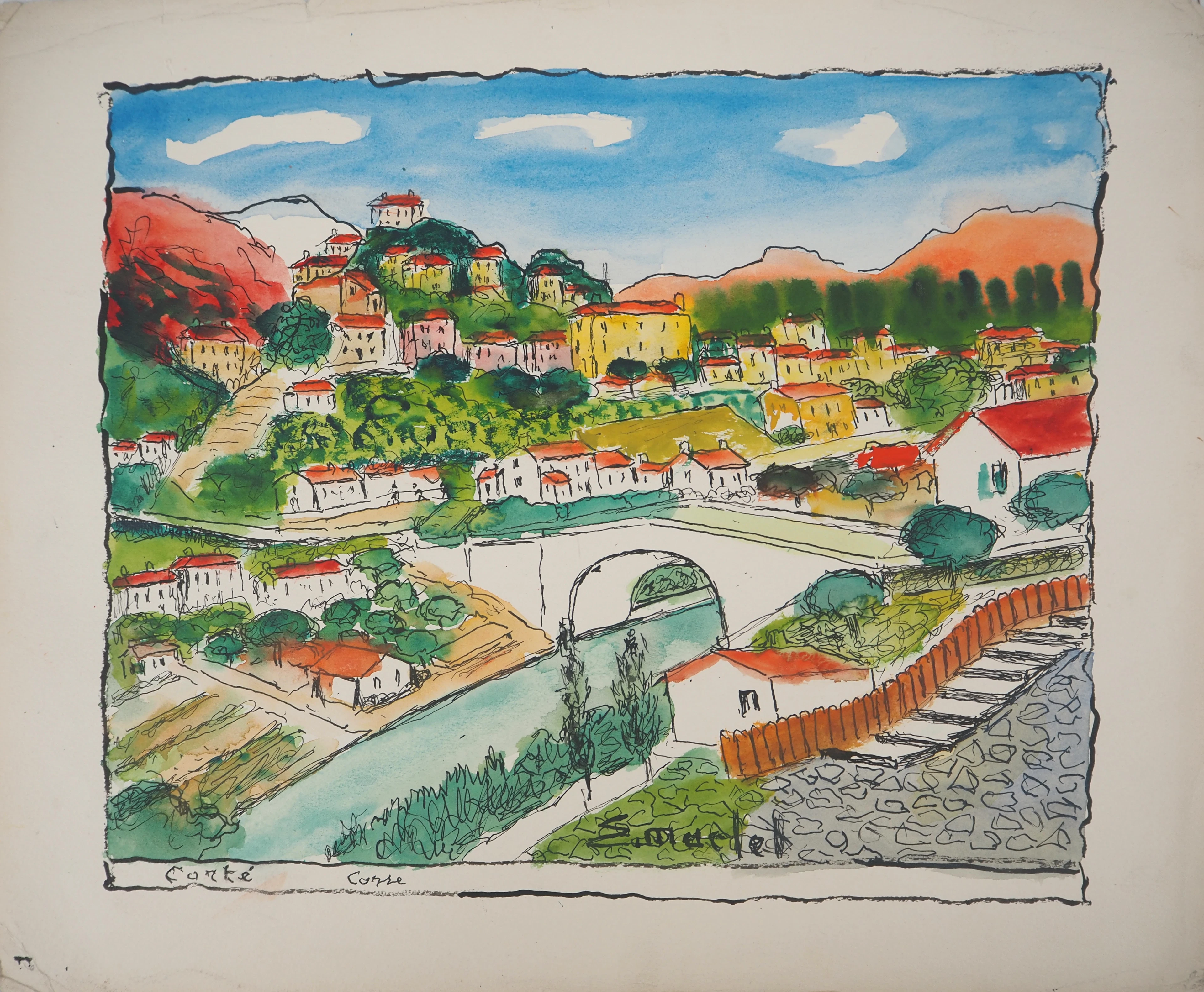 Elisée MACLET : Le village de Corté en Corse - Aquarelle signée